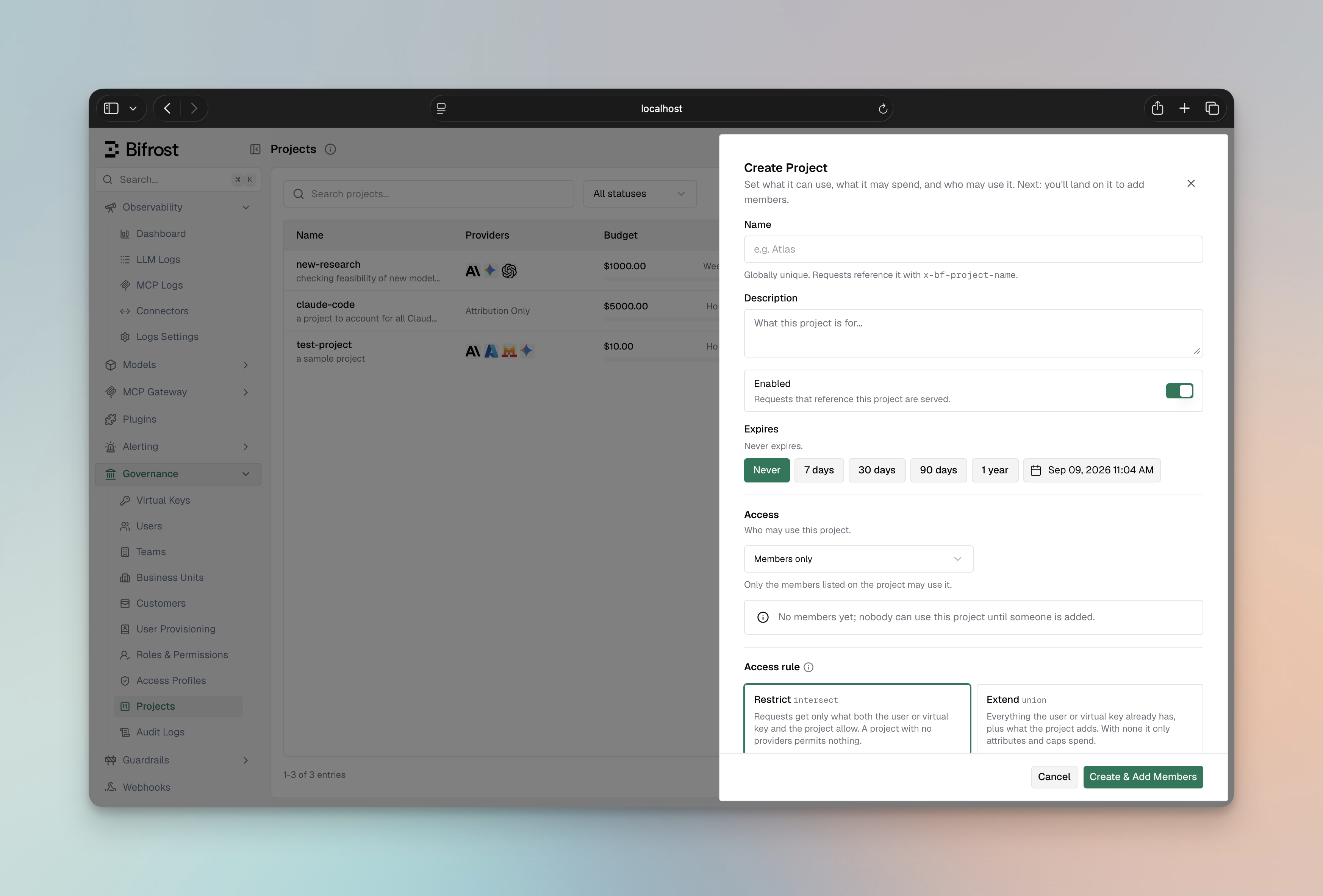 Create Project sheet showing name, description, enabled toggle, expiry presets and membership mode