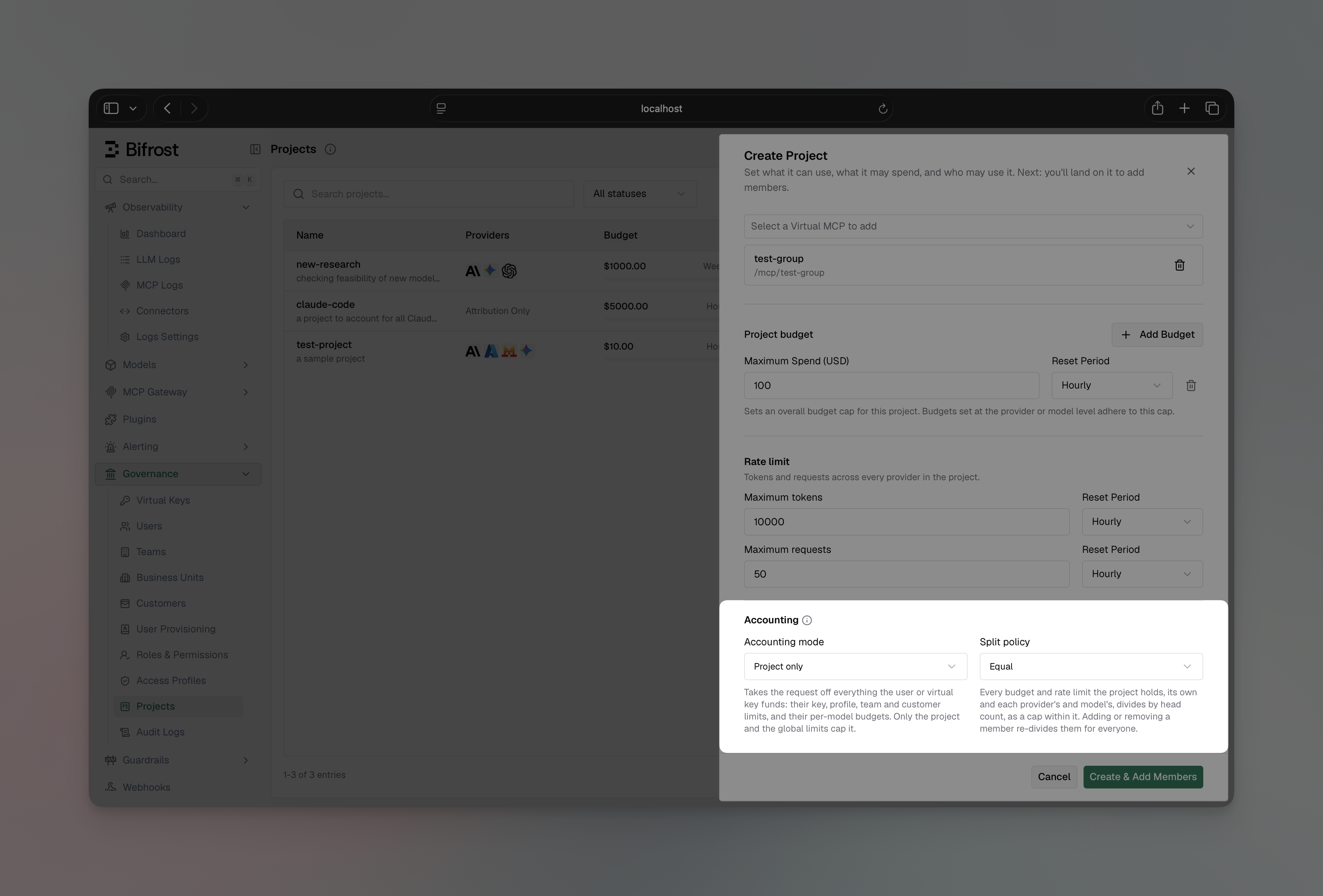 Accounting mode and split policy selectors with explanatory copy beneath each