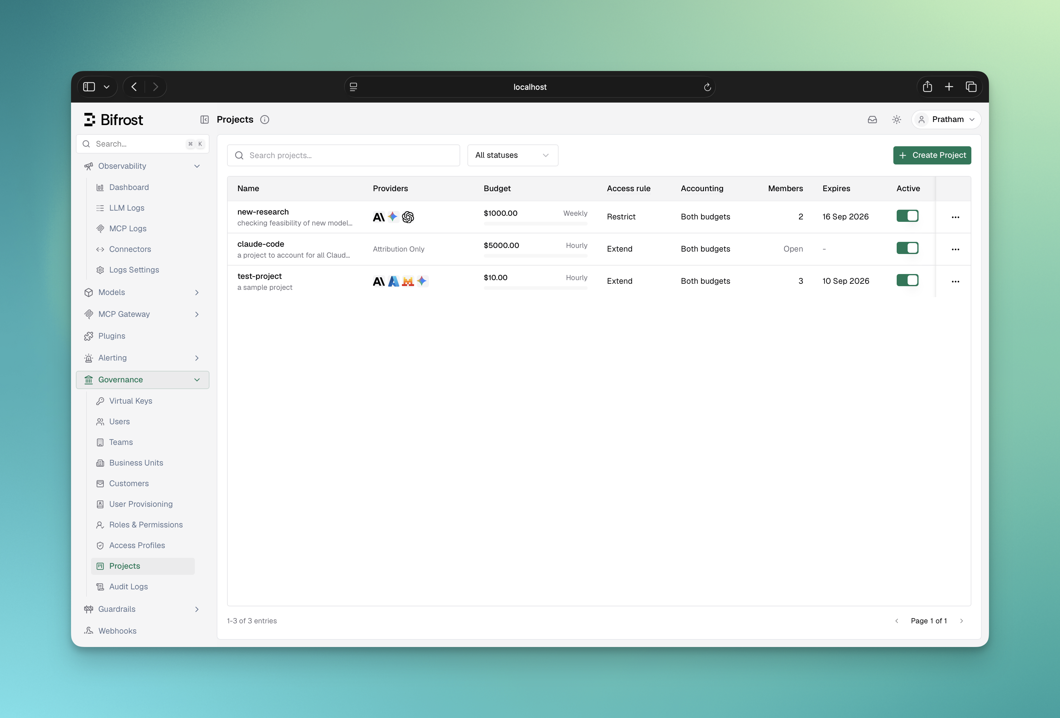 Projects list page with provider chips, budget meters, access rule and member count columns
