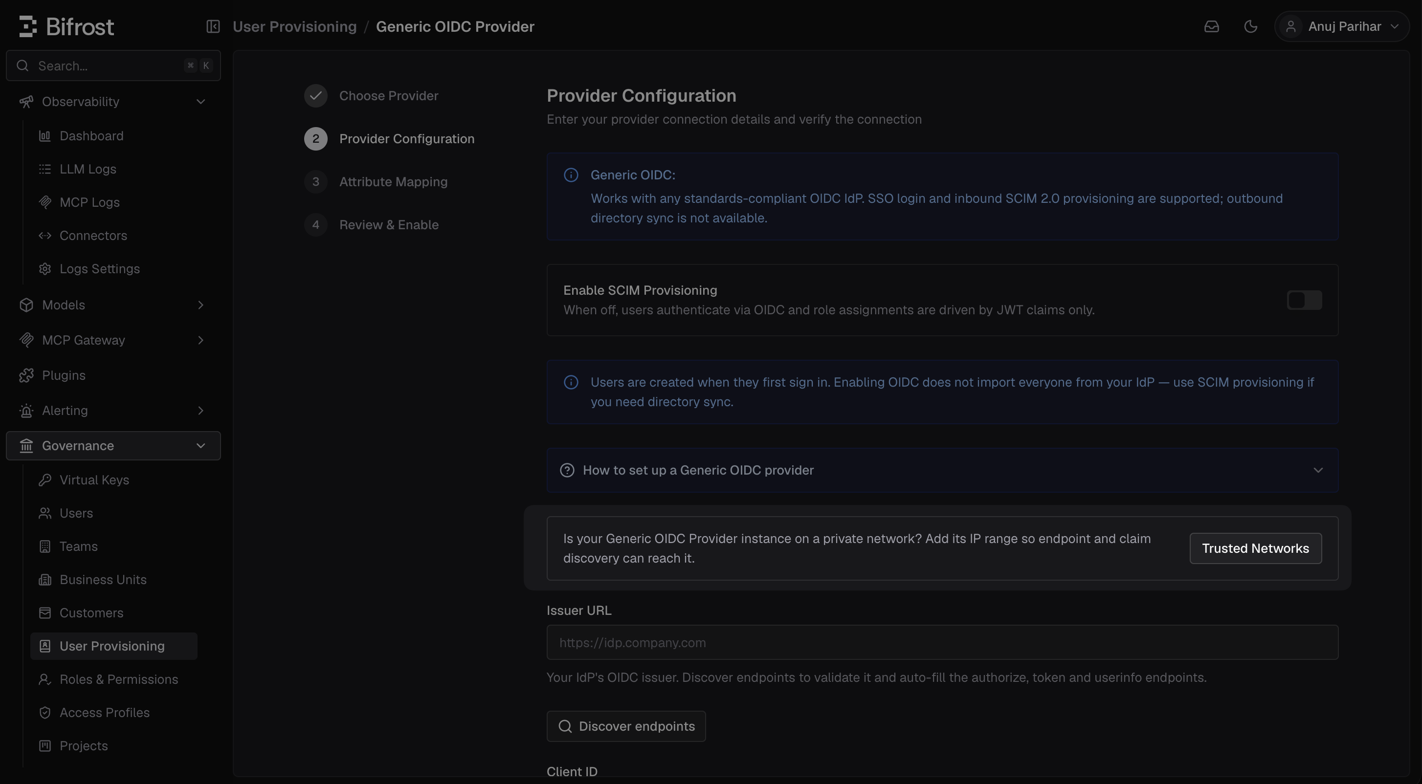 Bifrost Generic OIDC Provider Configuration screen with a Trusted Networks button above the Issuer URL field