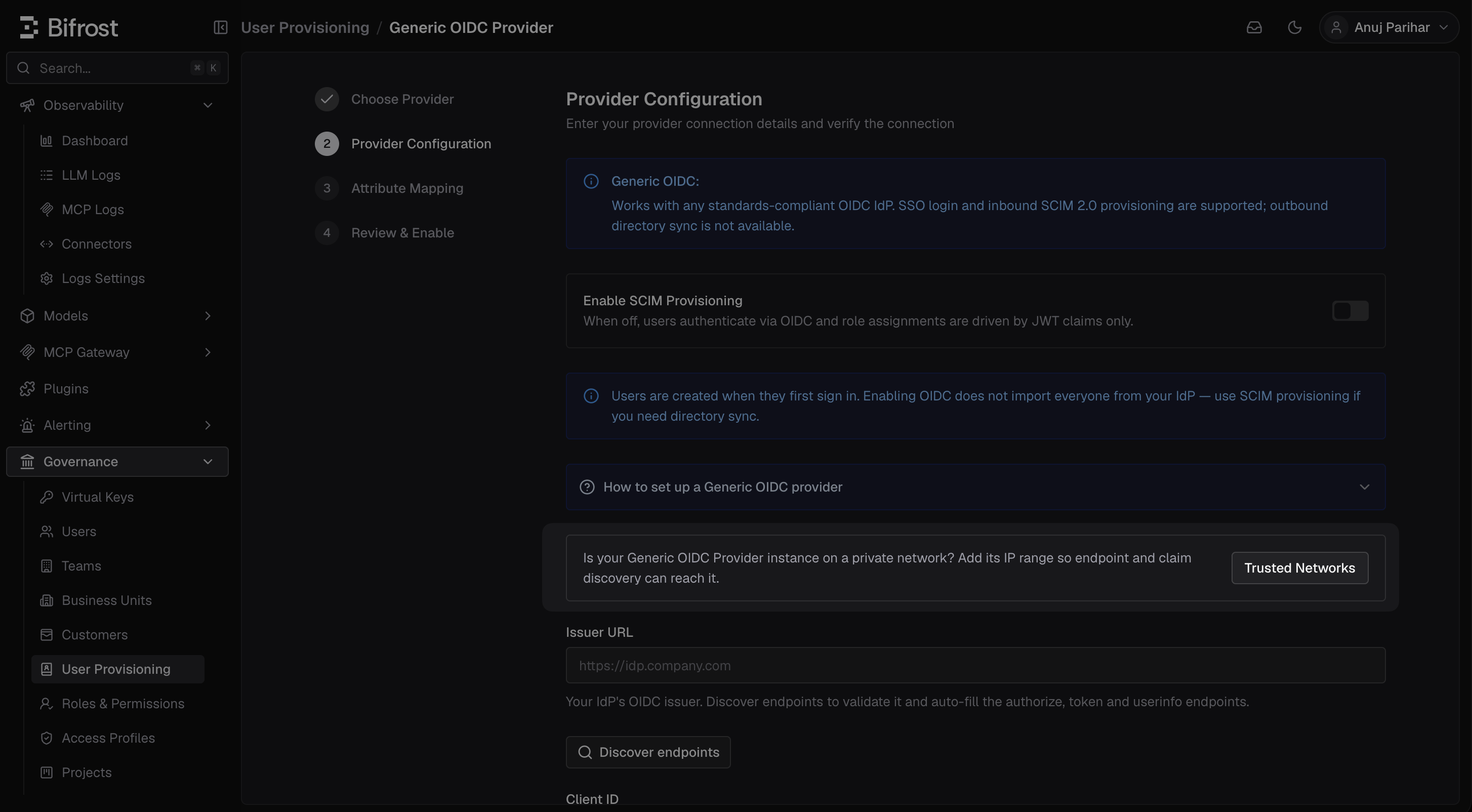 Bifrost Generic OIDC Provider Configuration screen with a Trusted Networks button above the Issuer URL field