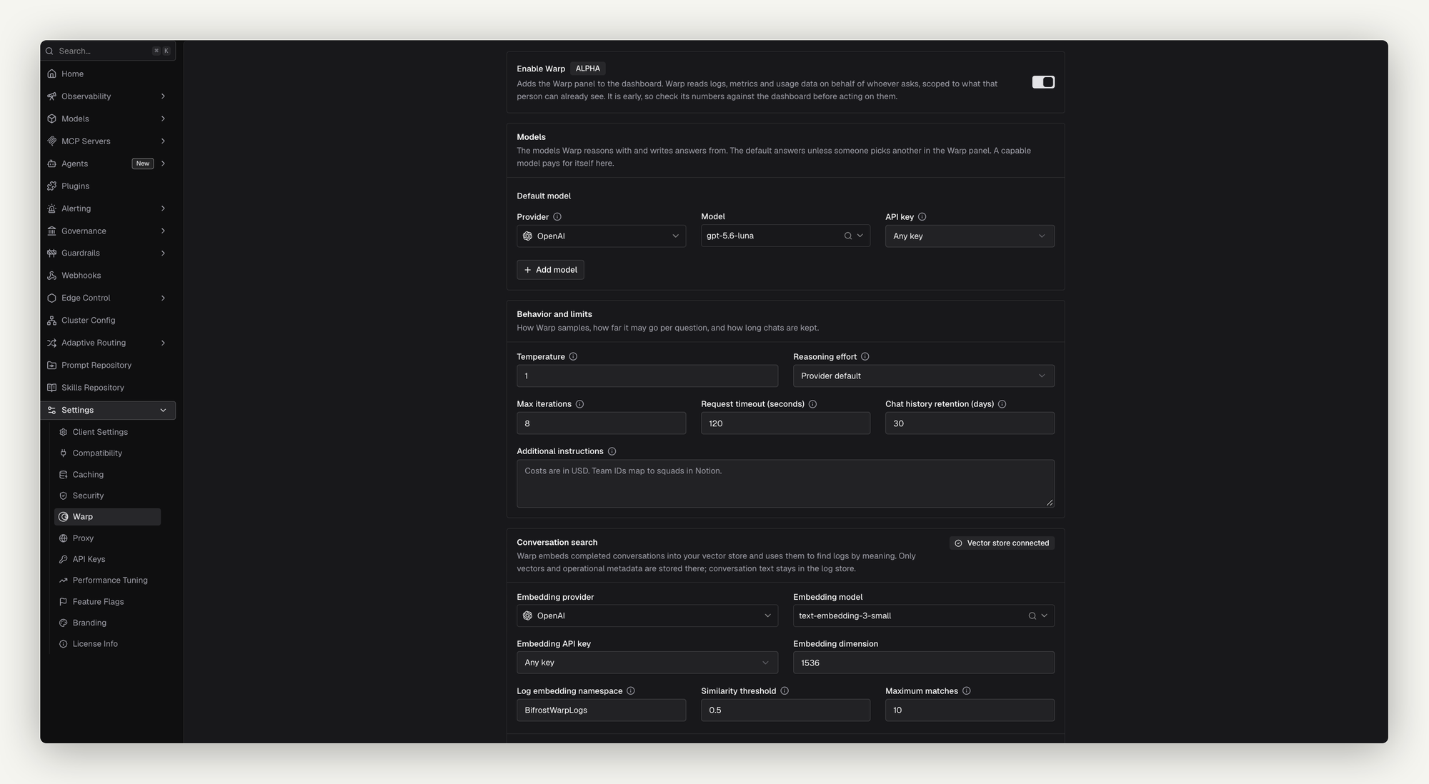 Warp settings page
