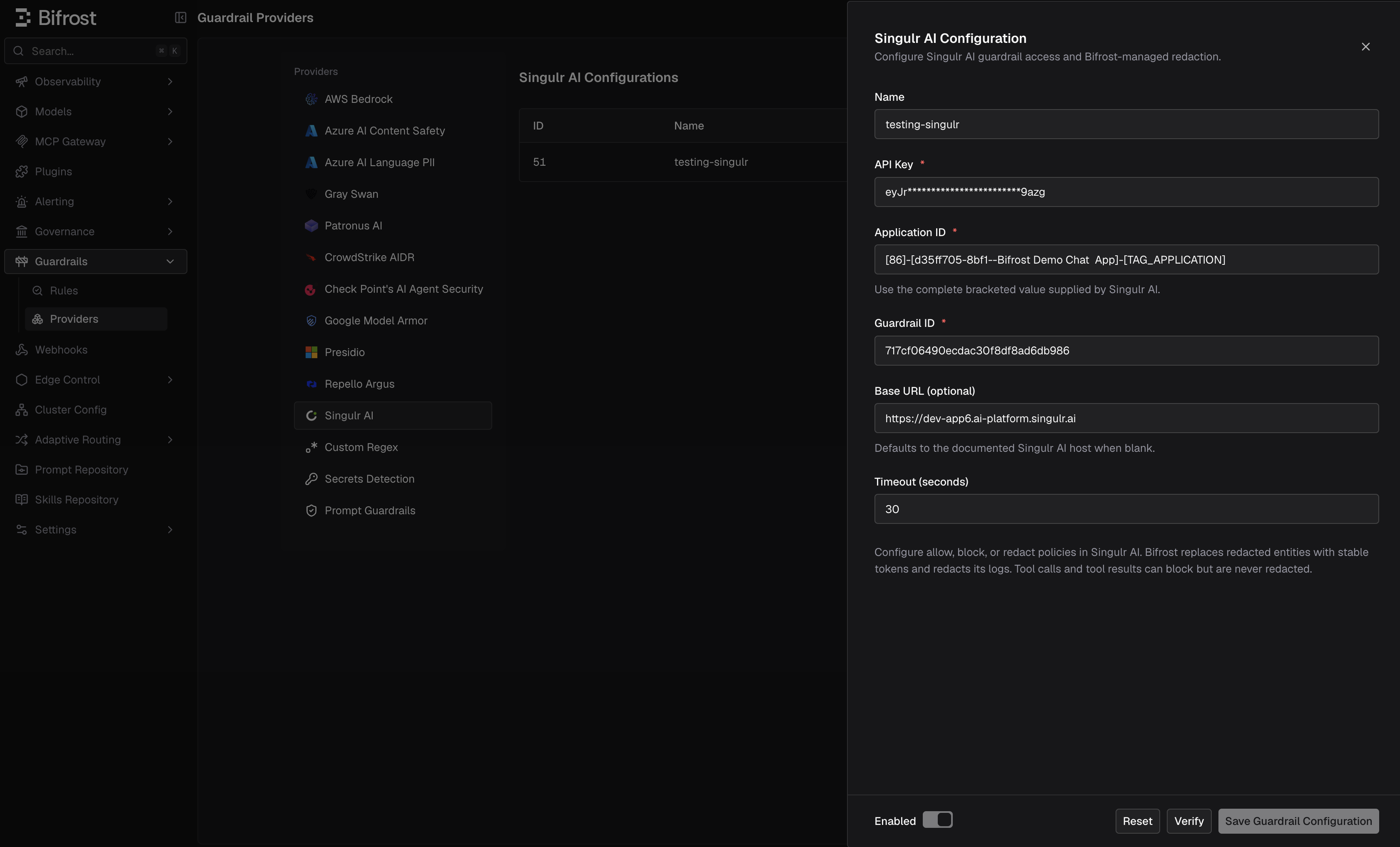 Singulr AI configuration in the Bifrost Guardrails Providers screen