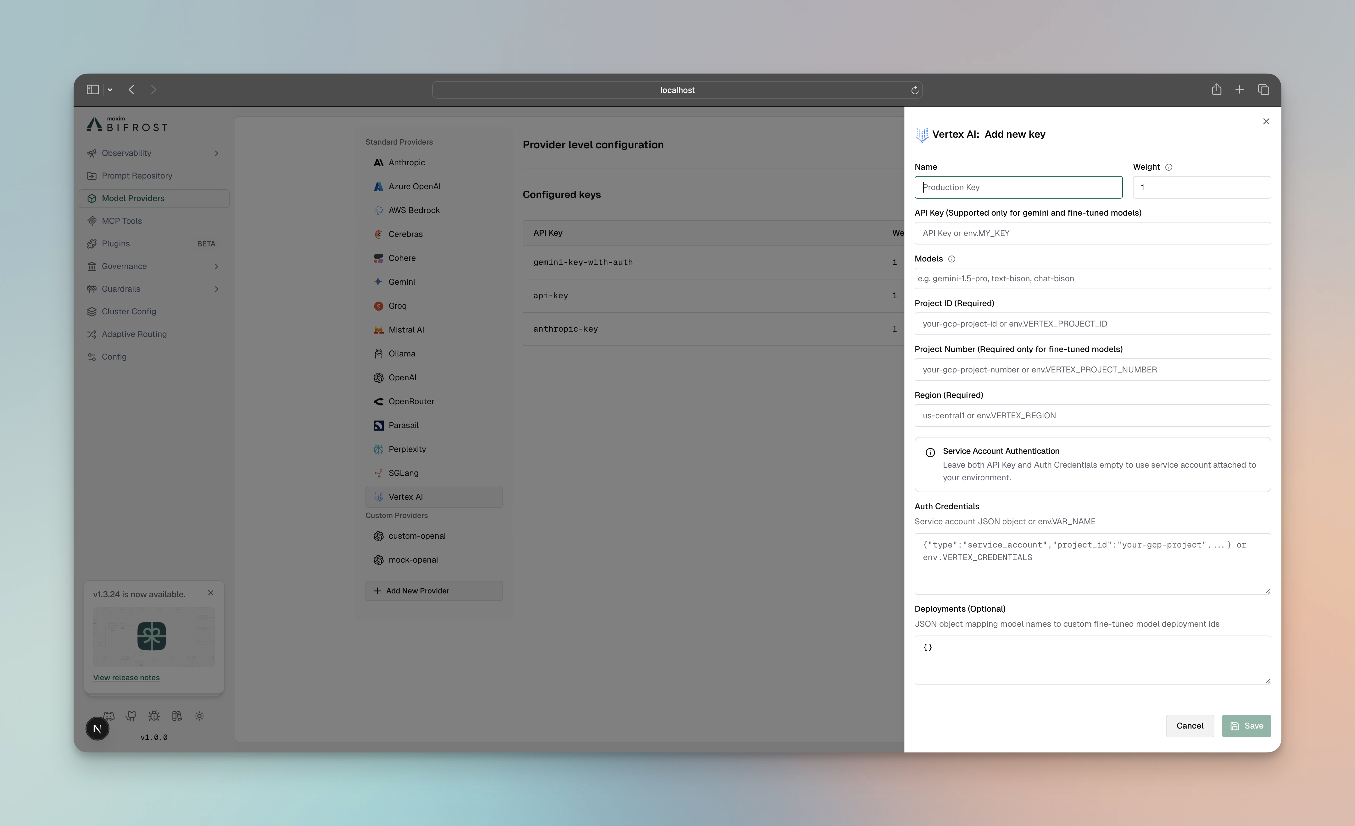 Google Vertex Configuration Interface