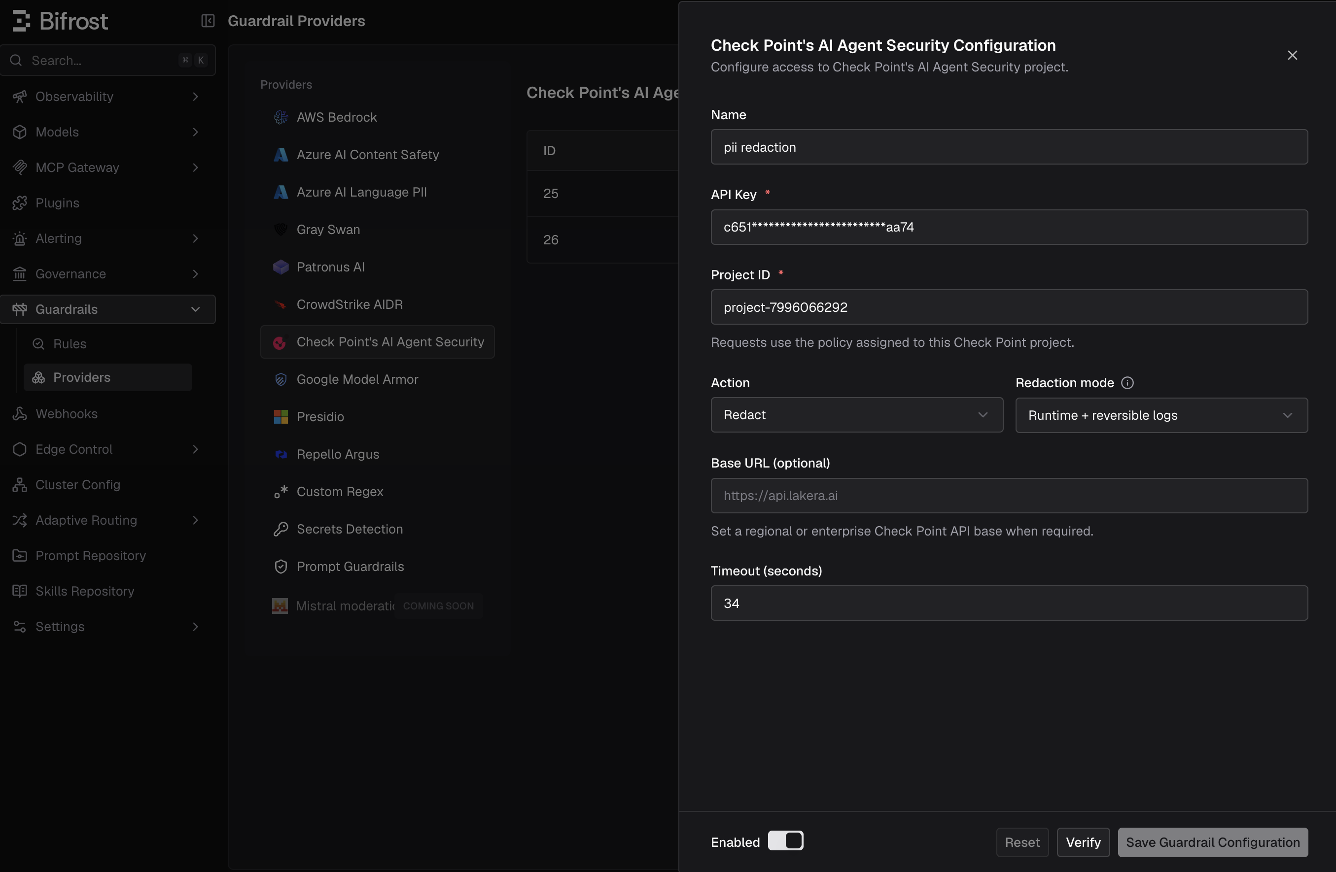 Check Point's AI Agent Security configuration in Bifrost showing required credentials and redaction controls