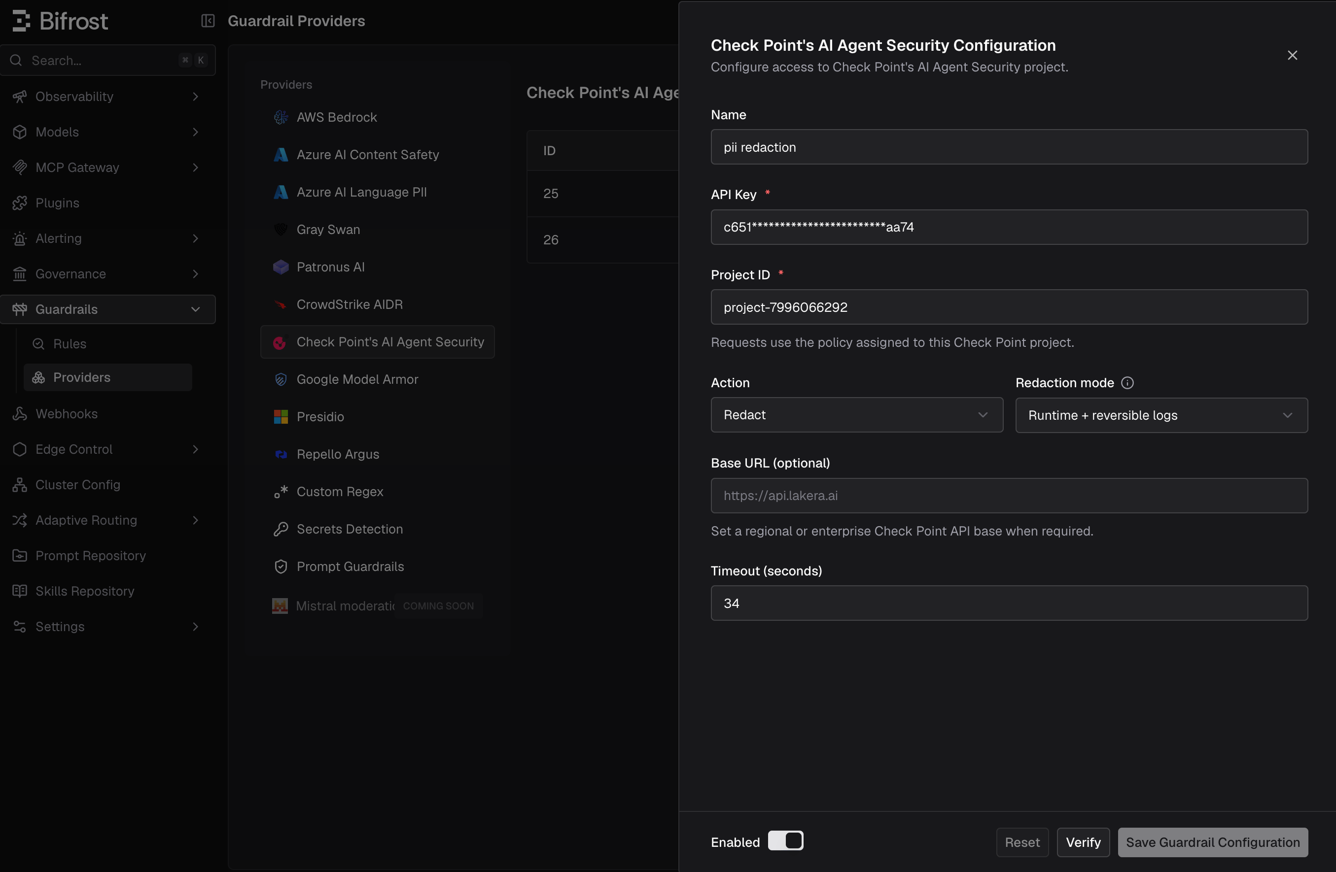 Check Point's AI Agent Security configuration in Bifrost showing required credentials and redaction controls