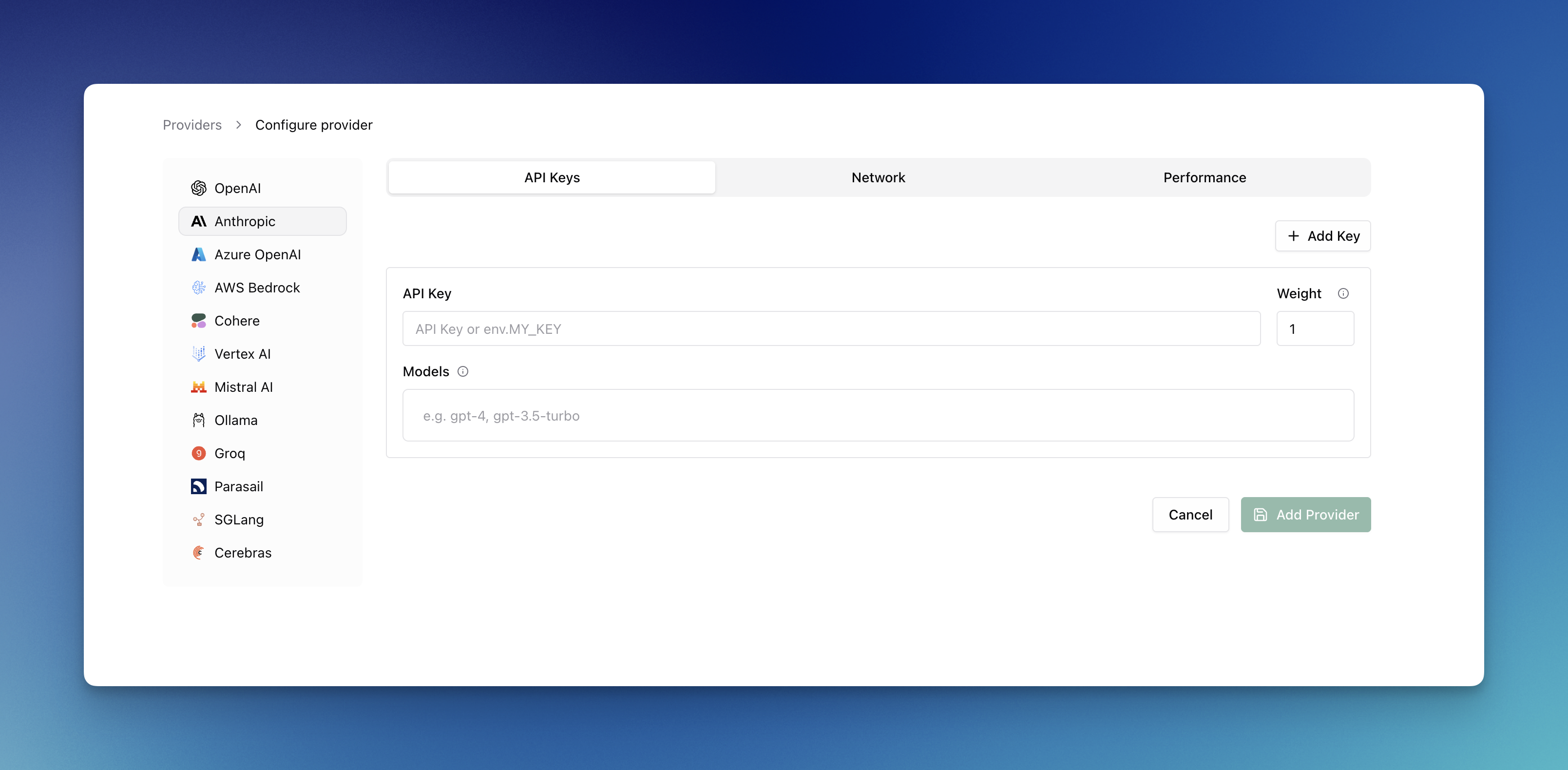 Provider Configuration Interface