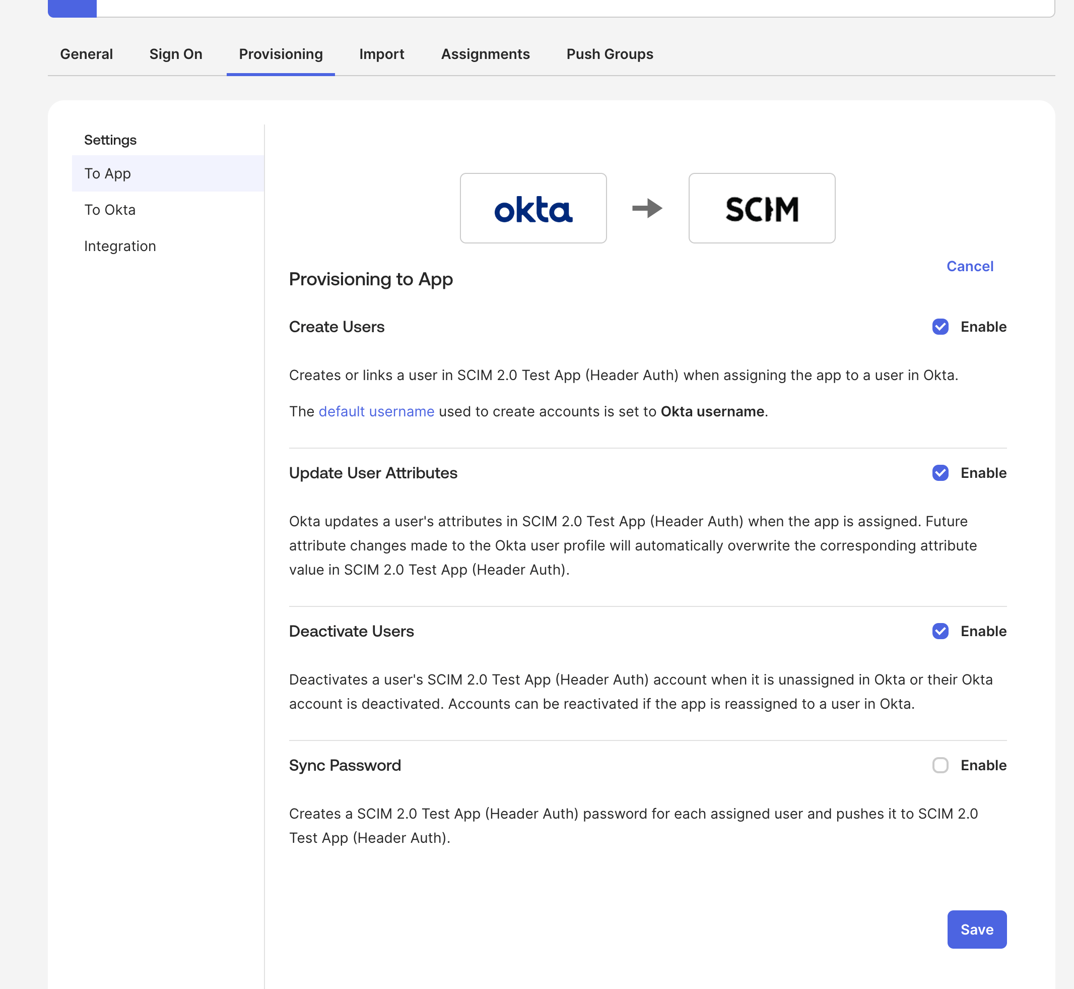 Okta SCIM app — Provisioning To App settings