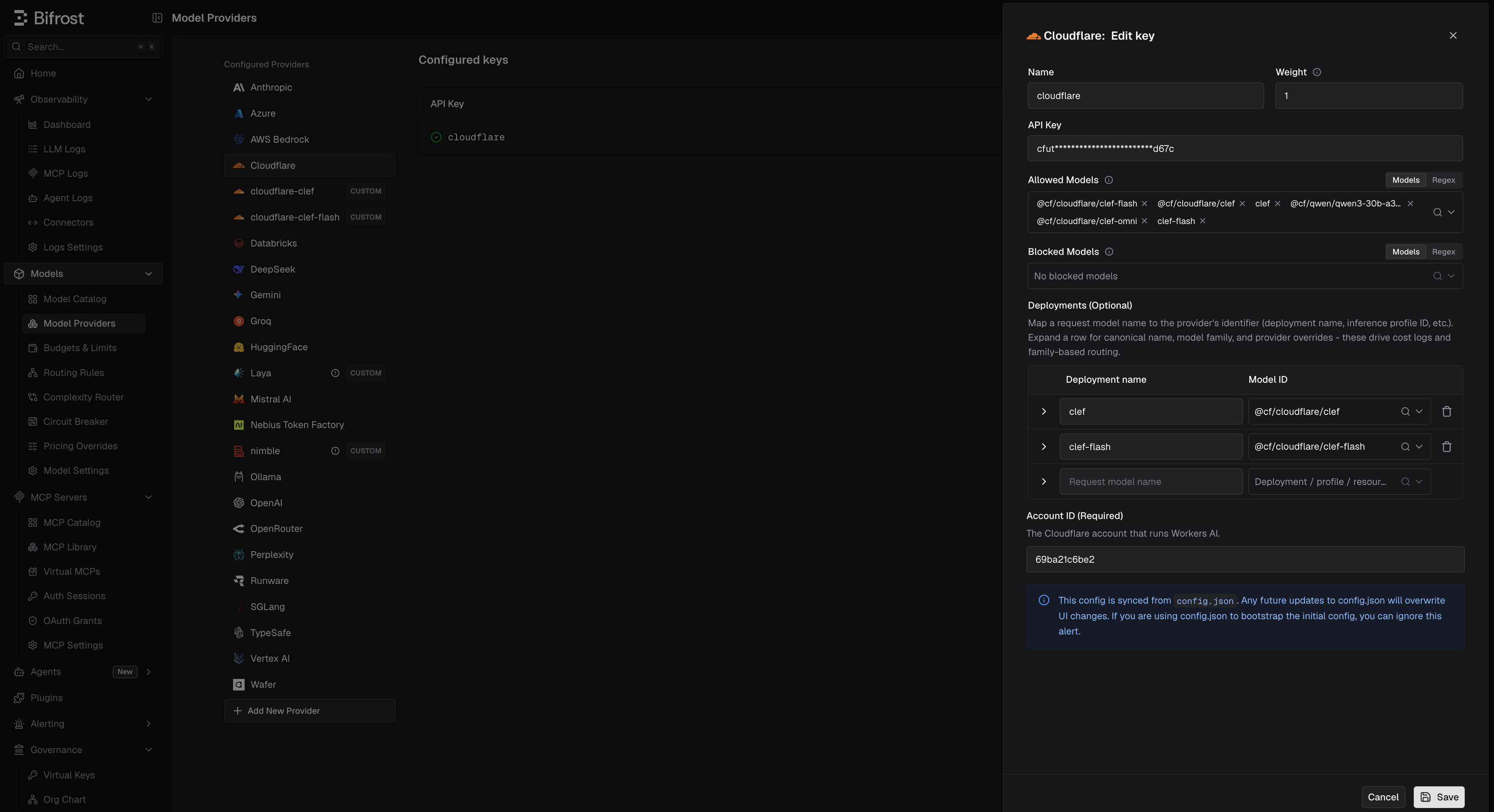 Cloudflare key with an API token, allowed models, and the Account ID field