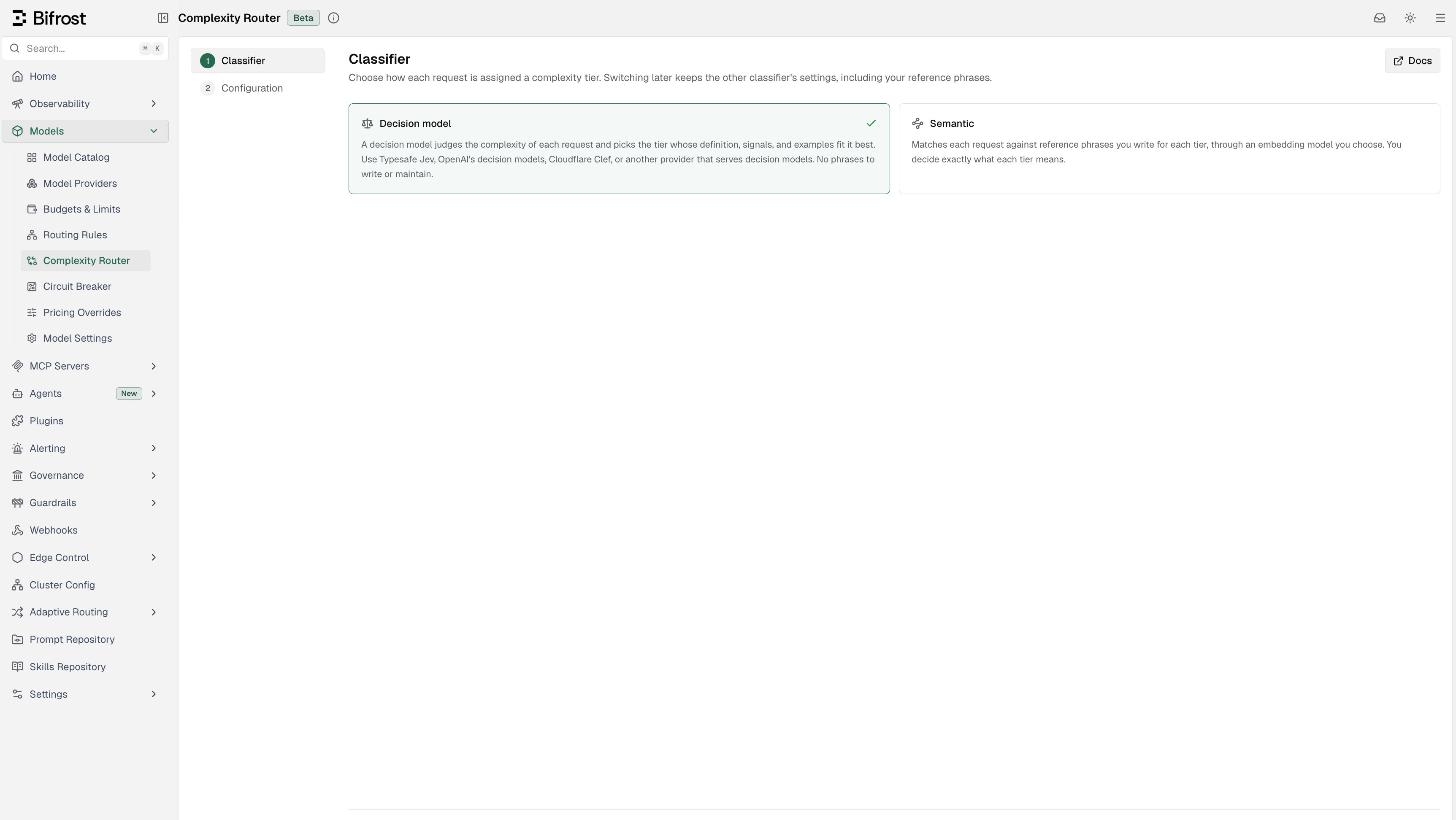Complexity Router classifier step with Decision model selected and Semantic as the alternative