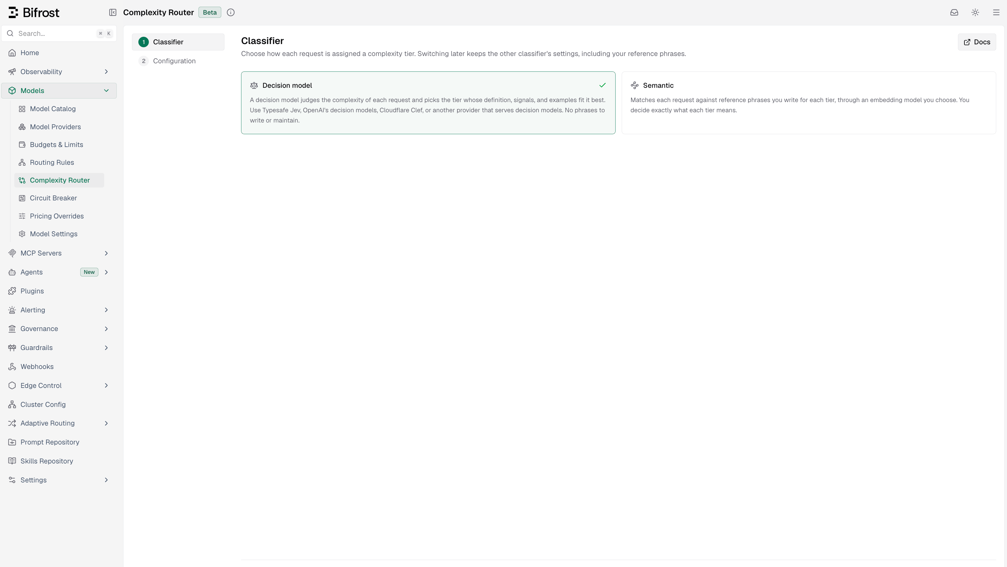 Complexity Router classifier step with Decision model selected and Semantic as the alternative