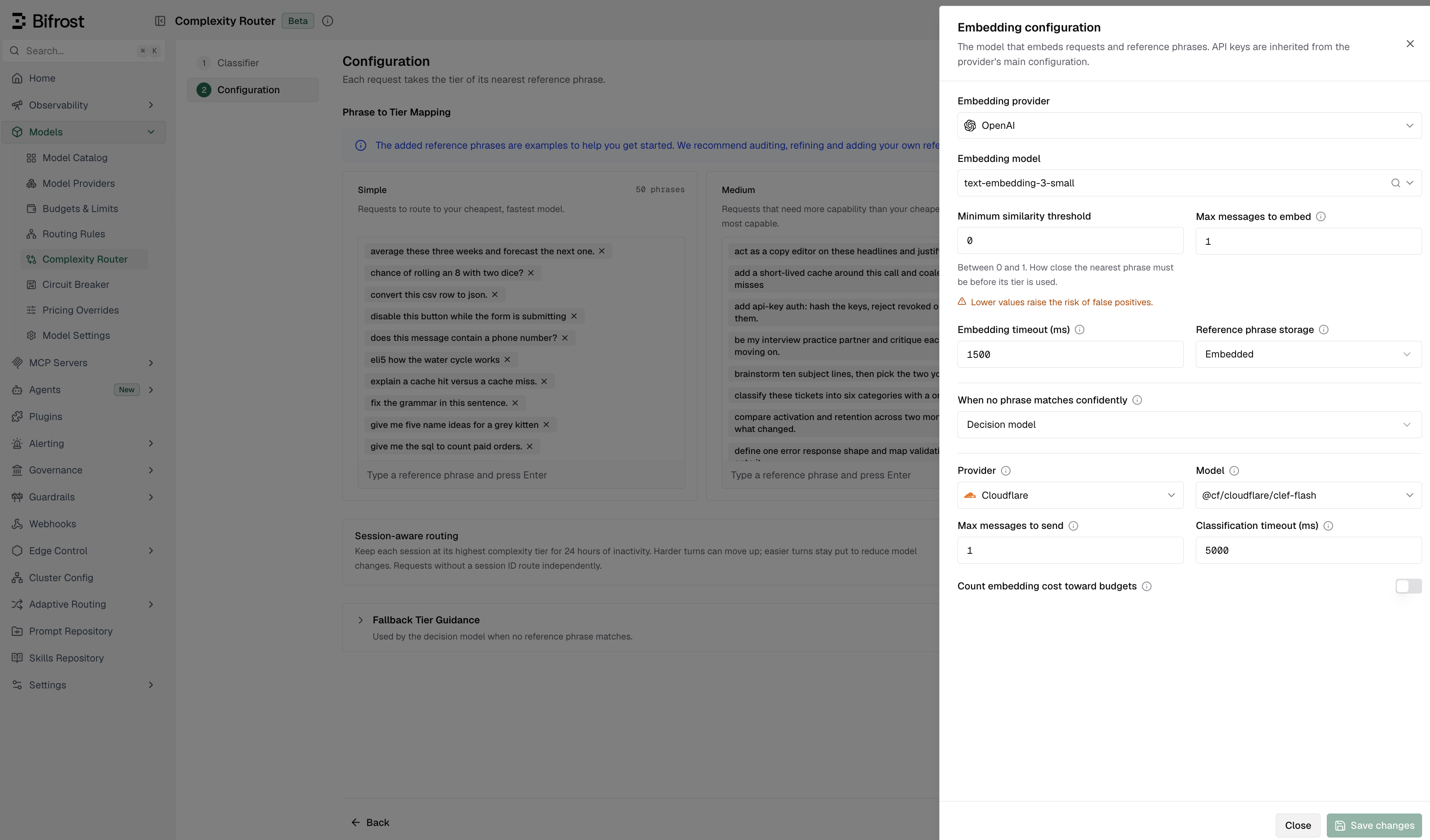 Complexity Router embedding configuration panel showing provider, model, similarity threshold, timeout, storage, and a decision model fallback on Cloudflare clef-flash
