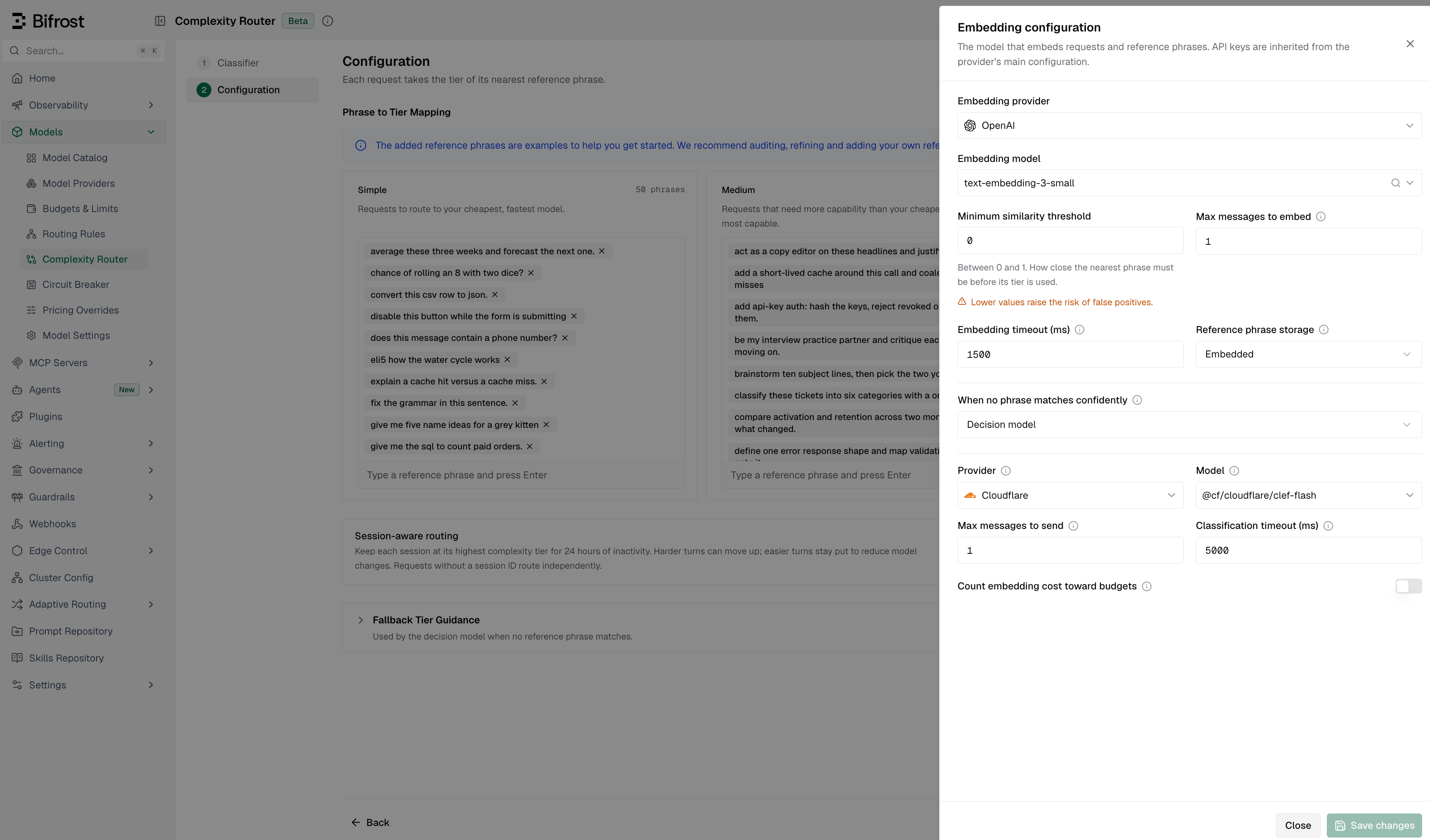Complexity Router embedding configuration panel showing provider, model, similarity threshold, timeout, storage, and a decision model fallback on Cloudflare clef-flash