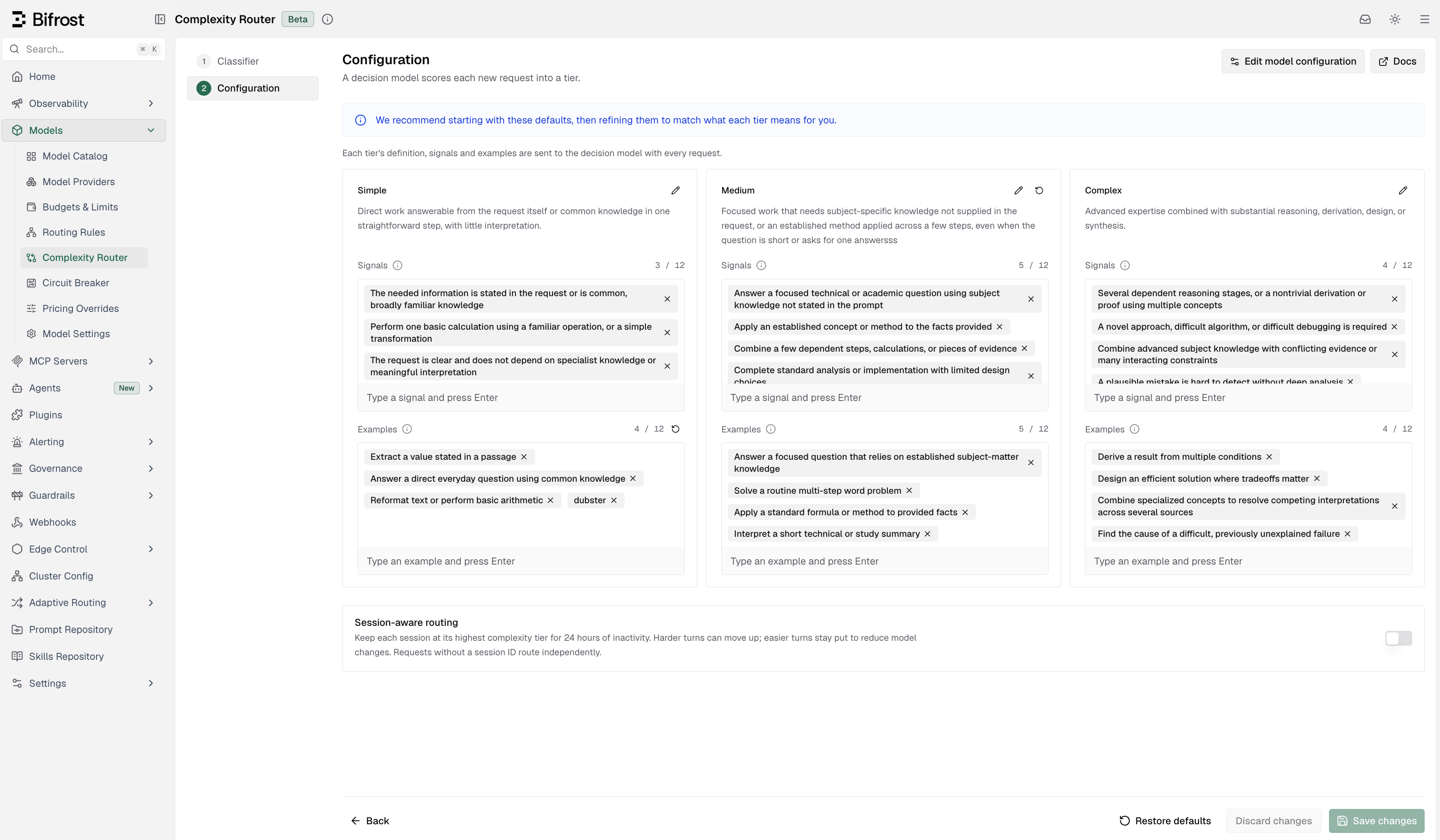 Decision model configuration step showing the definition, signals, and examples editors for the Simple, Medium, and Complex tiers