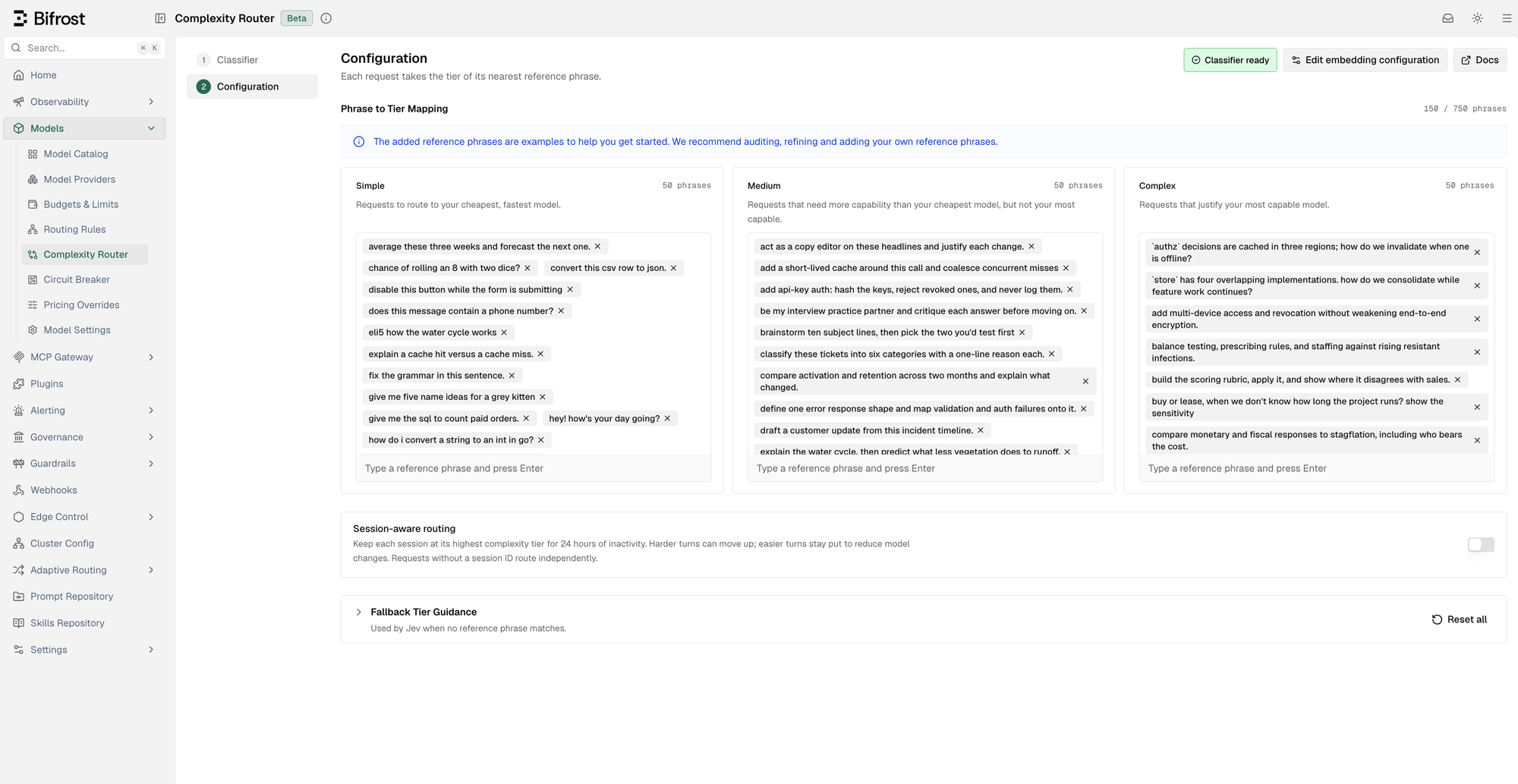 Semantic configuration step showing 150 reference phrases across Simple, Medium, and Complex, session-aware routing, and Fallback Tier Guidance