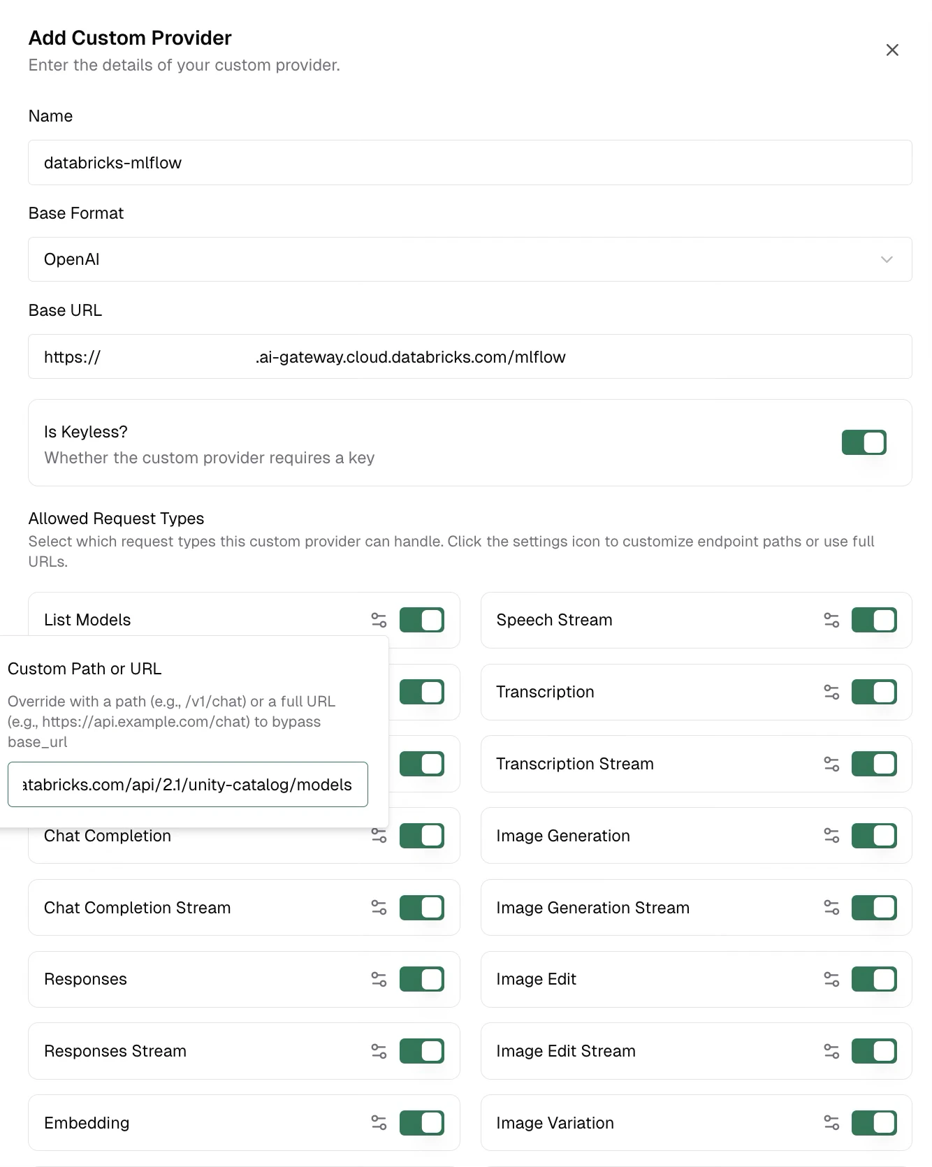 Add Custom Provider dialog configured for MLflow with the List Models custom path popover showing the Unity Catalog URL