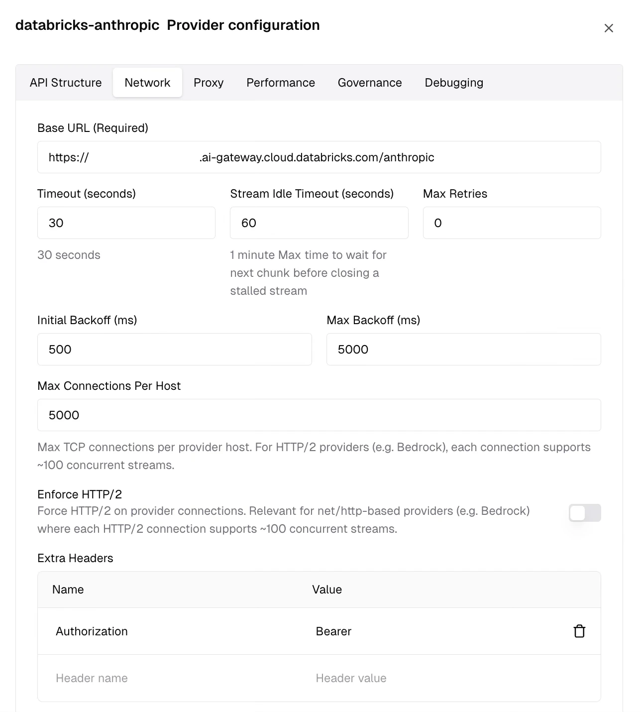 Provider configuration Network tab showing the Authorization header in Extra Headers for the Anthropic provider