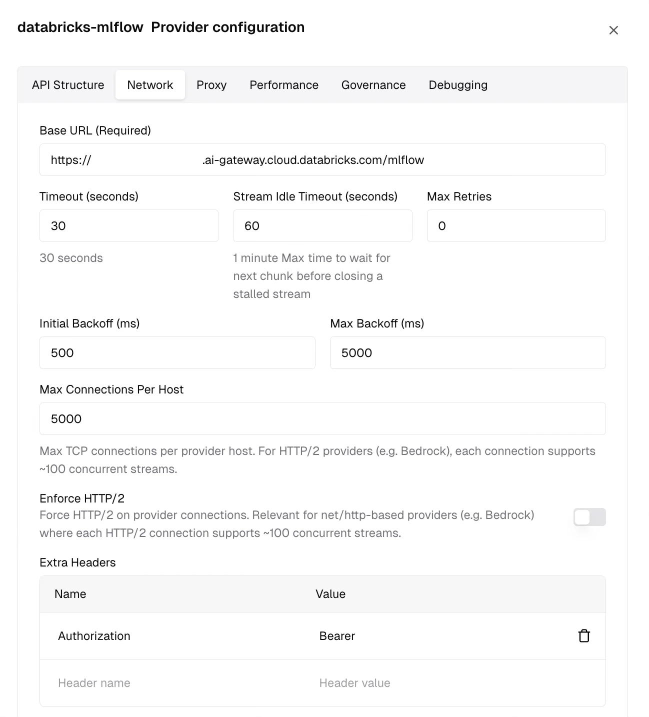 Provider configuration Network tab showing the Authorization header in Extra Headers for the MLflow provider