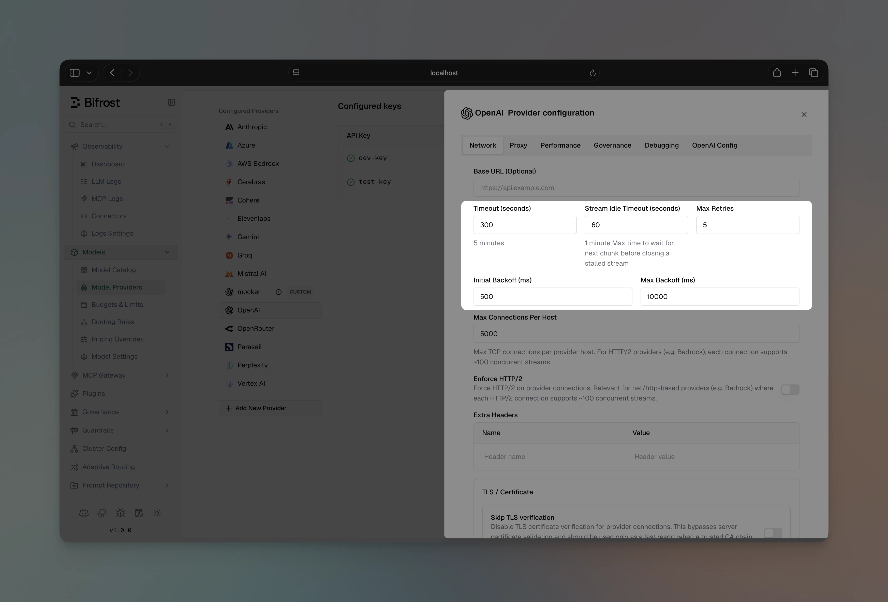 Retries configuration in the Bifrost Web UI showing Max Retries, Retry Backoff Initial, and Retry Backoff Max fields under Network Config