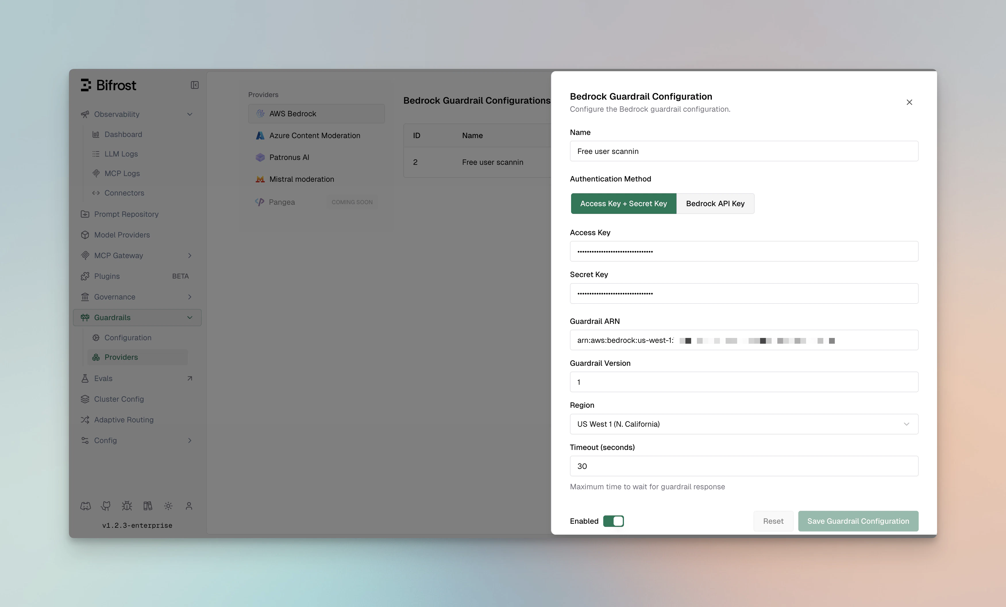AWS Bedrock Guardrails configuration form