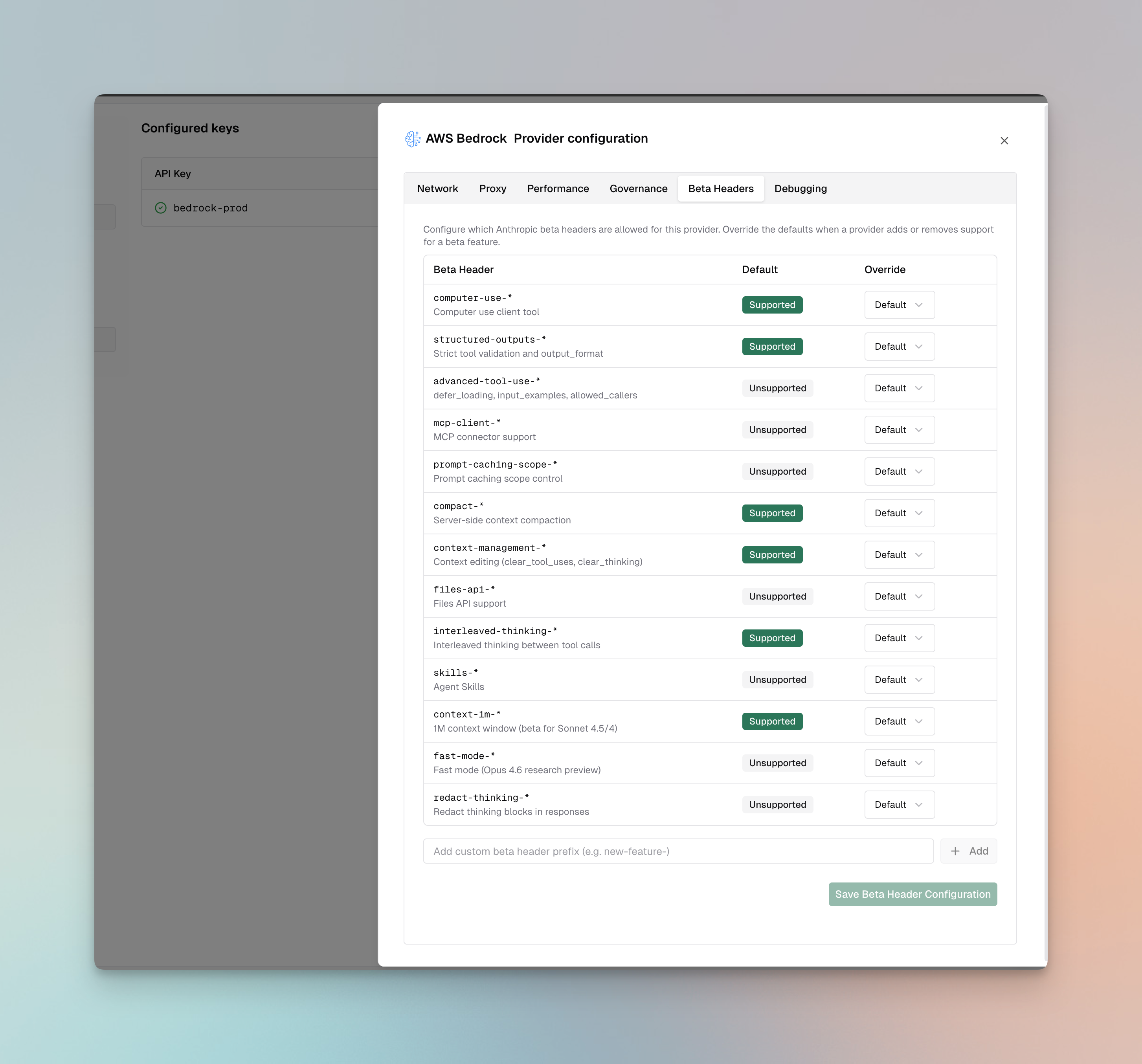 AWS bedrock Beta Headers configuration tab showing supported and unsupported Anthropic beta features with override options