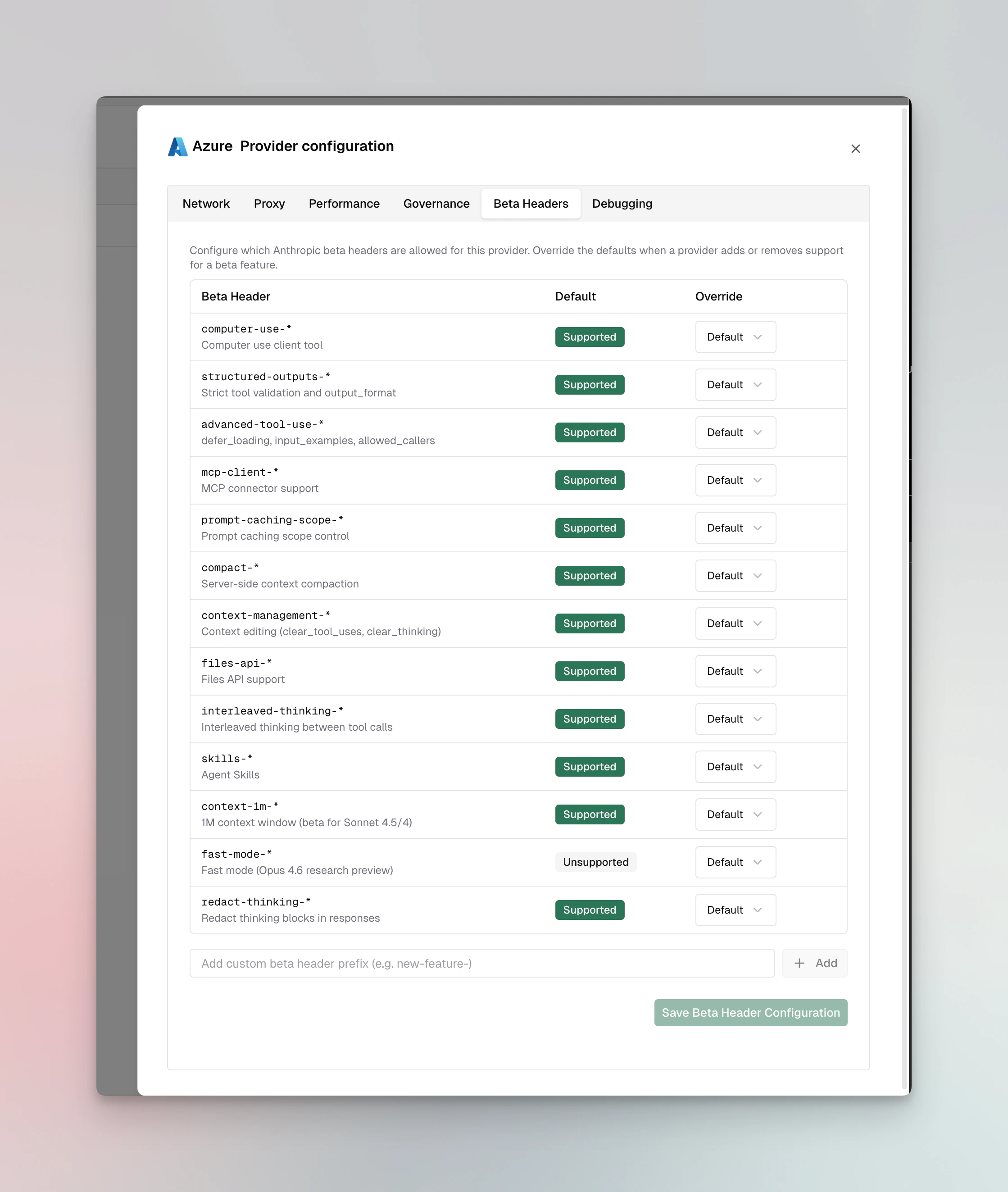 Azure Beta Headers configuration tab showing supported and unsupported Anthropic beta features with override options