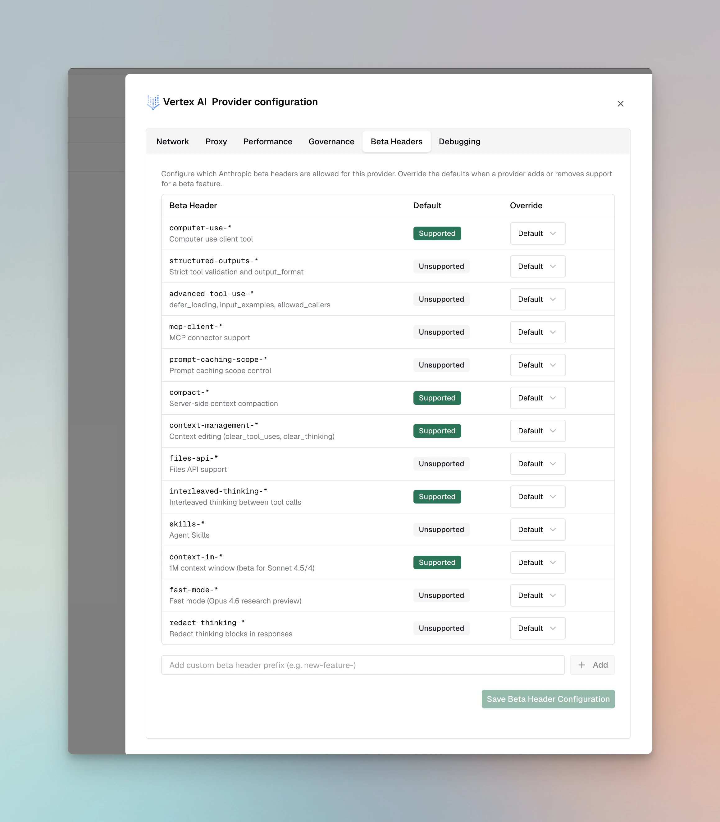 Vertex AI Beta Headers configuration tab showing supported and unsupported Anthropic beta features with override options