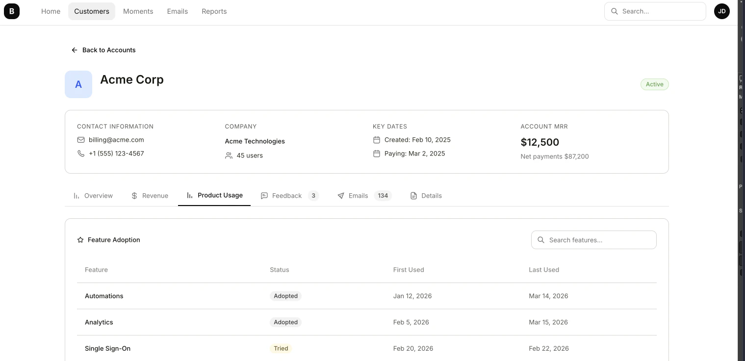 Account profile showing feature adoption statuses including Adopted, Tried, and first used dates