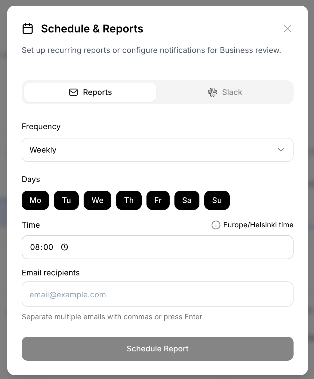 Schedule & Reports dialog with Reports tab selected showing weekly frequency, day selector, time picker, and email recipients field