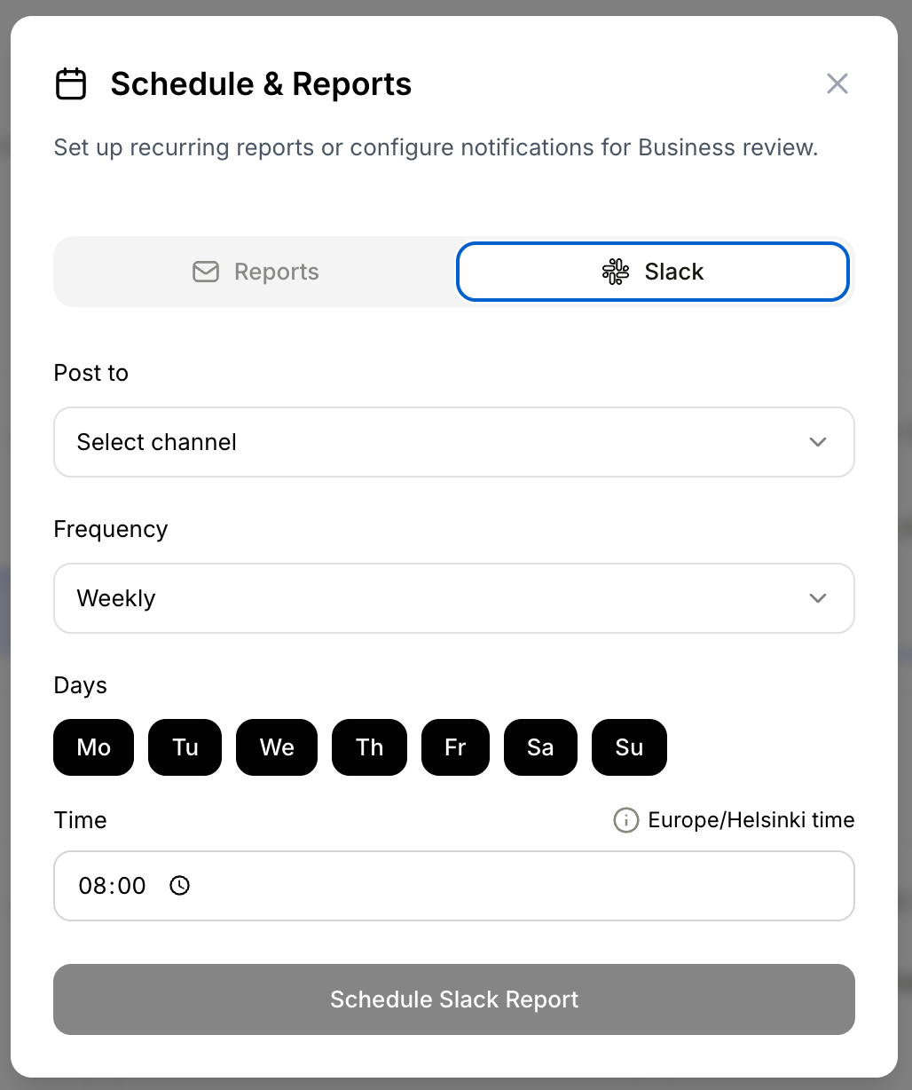 Schedule & Reports dialog with Slack tab selected showing channel selector, weekly frequency, day selector, and time picker