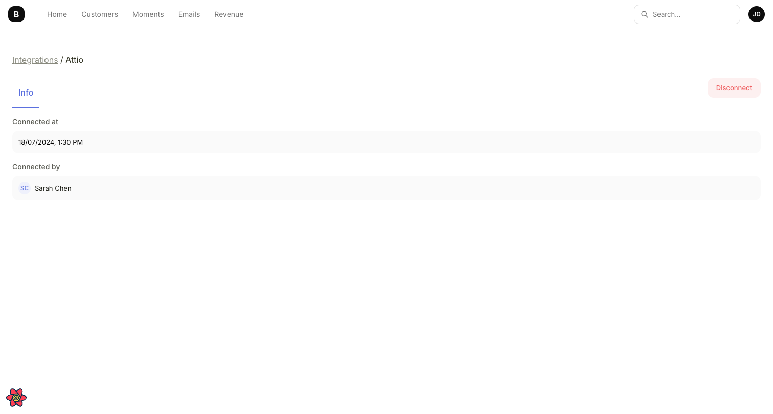 Attio integration page showing connected status with connection date and connected by details