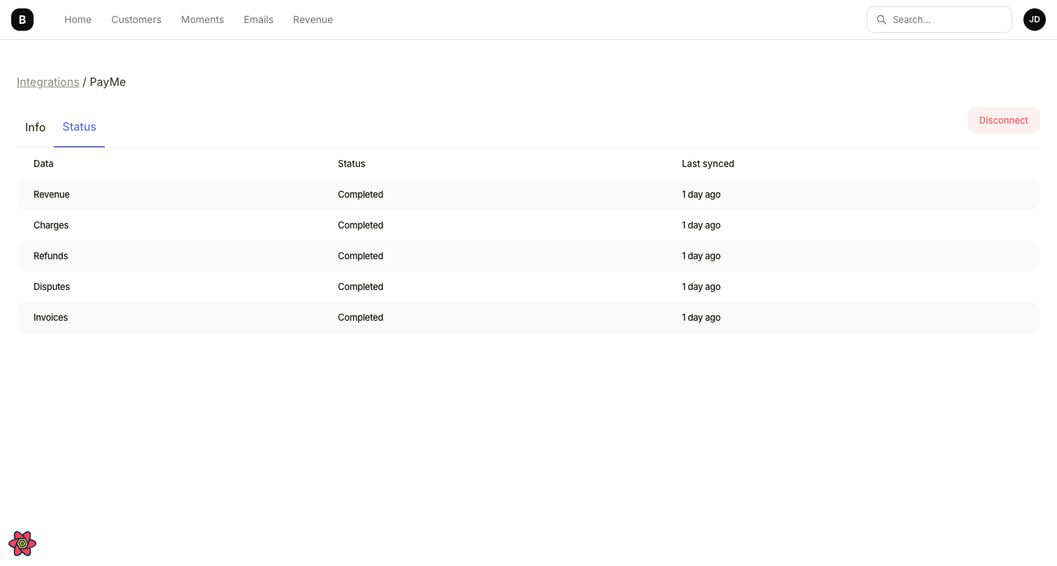PayMe integration status tab showing Revenue, Charges, Refunds, Disputes, and Invoices all with Completed status