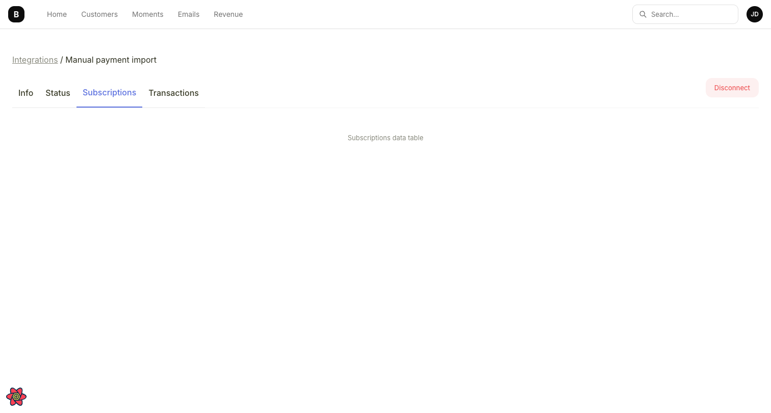 Manual payment import page with Info, Status, Subscriptions, and Transactions tabs