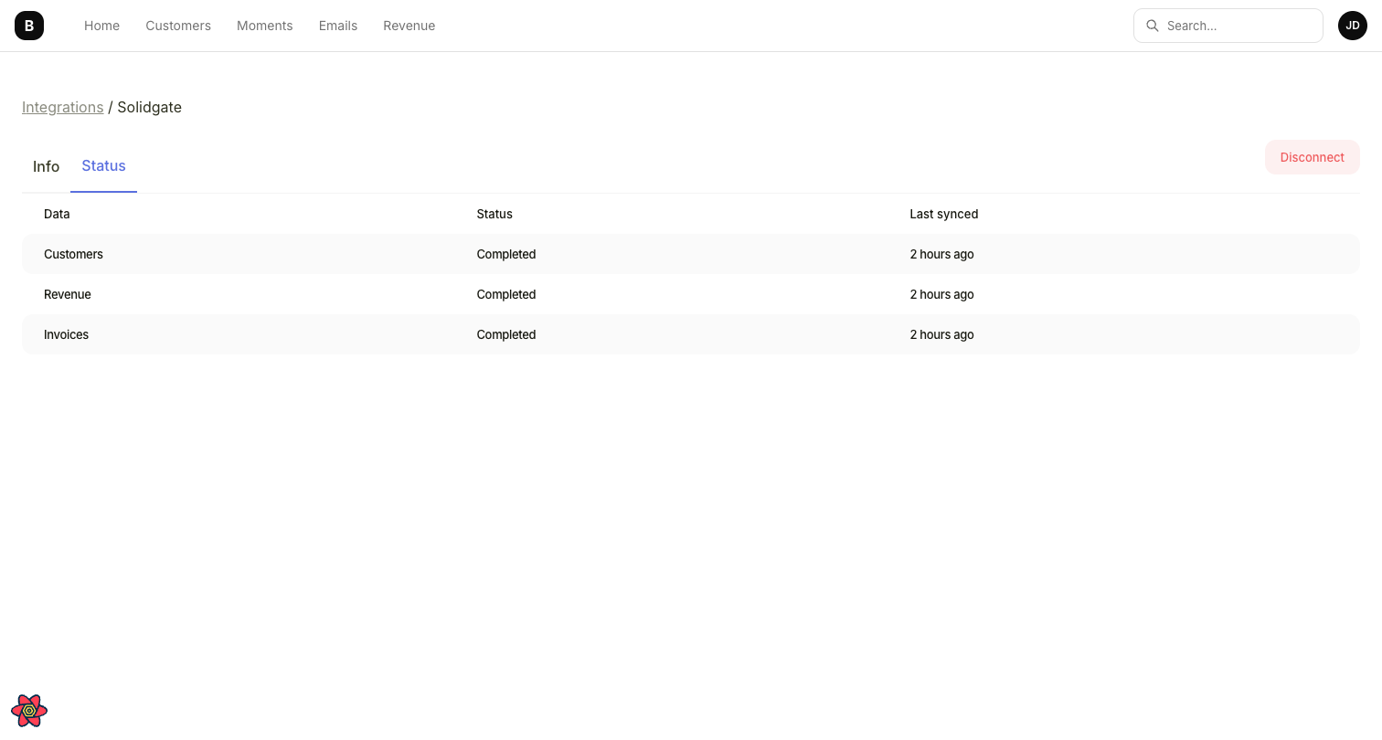 Solidgate integration status tab showing Customers, Revenue, and Invoices all with Completed status