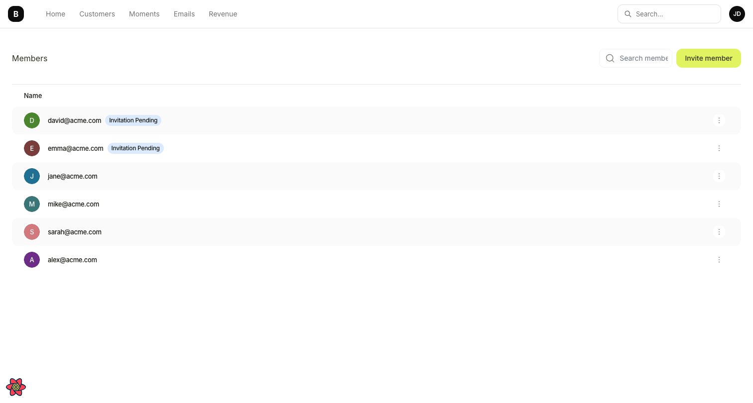 Team members page showing a list of members with their email addresses, some with Invitation Pending status badges