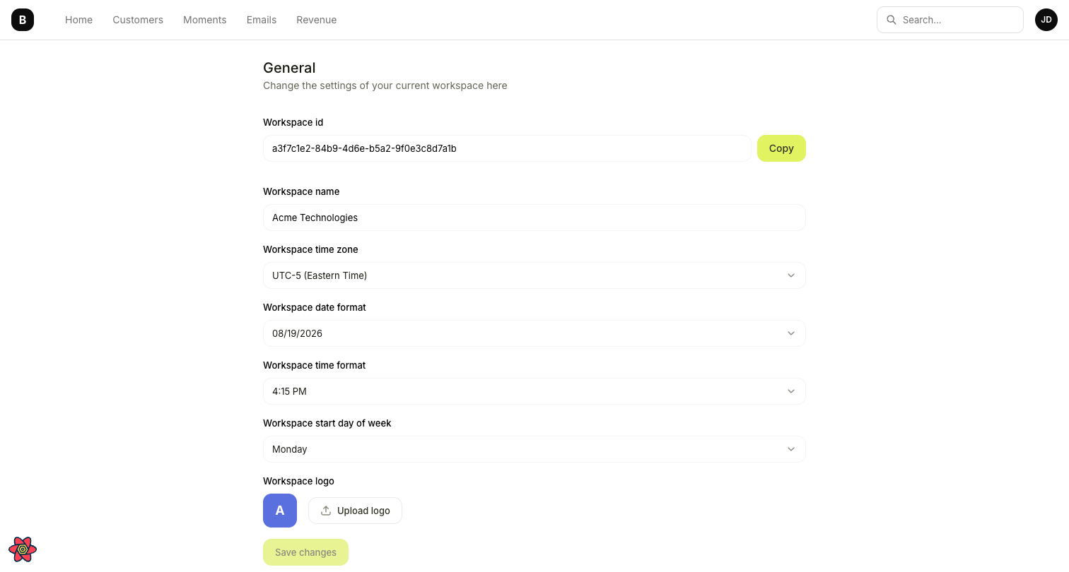 Workspace settings page showing workspace ID, name, time zone, date format, time format, start day of week, and logo upload options