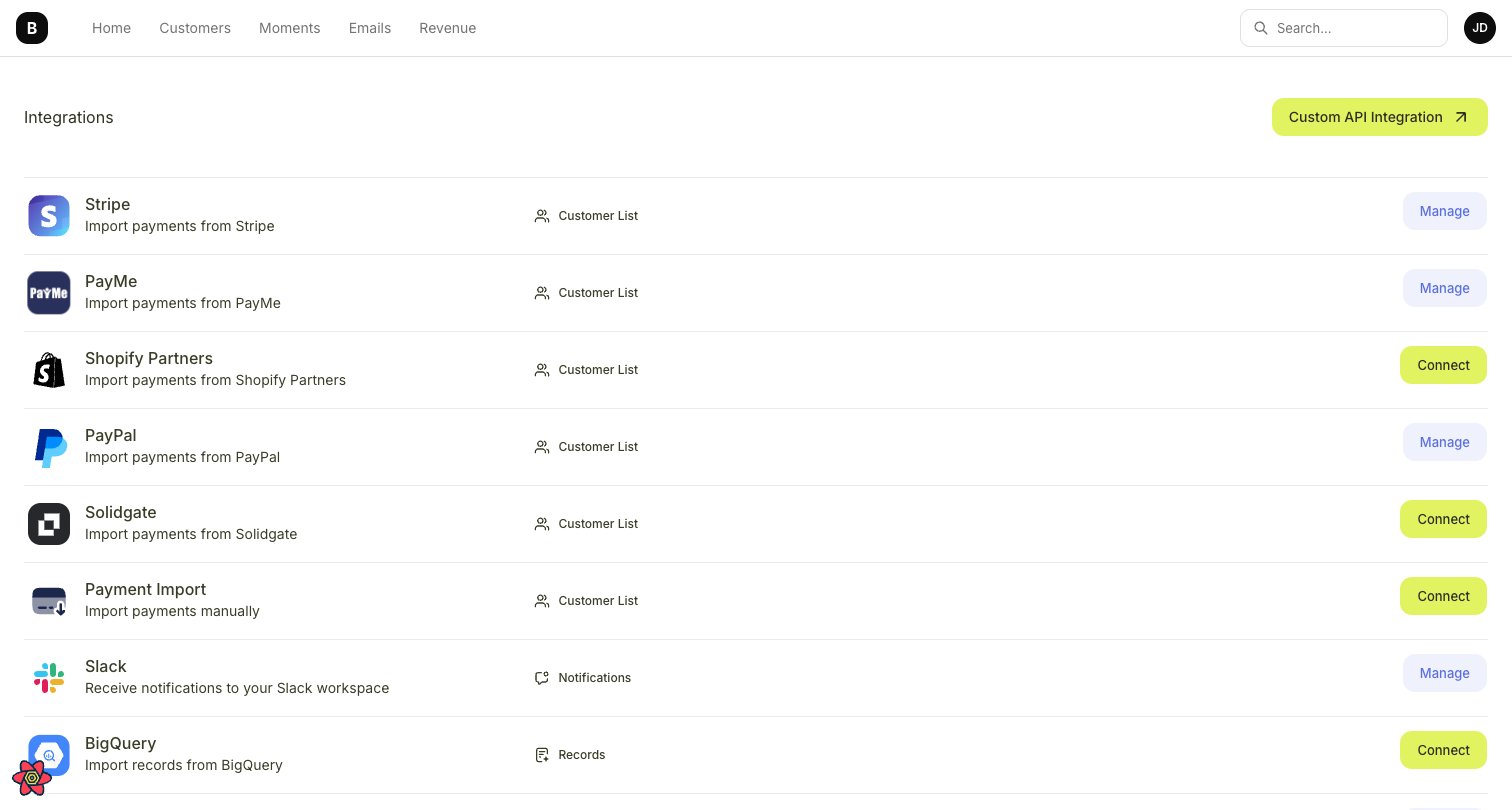 Integrations page showing Stripe, PayMe, Shopify Partners, PayPal, Solidgate, Payment Import, Slack, and BigQuery integrations with Connect and Manage buttons