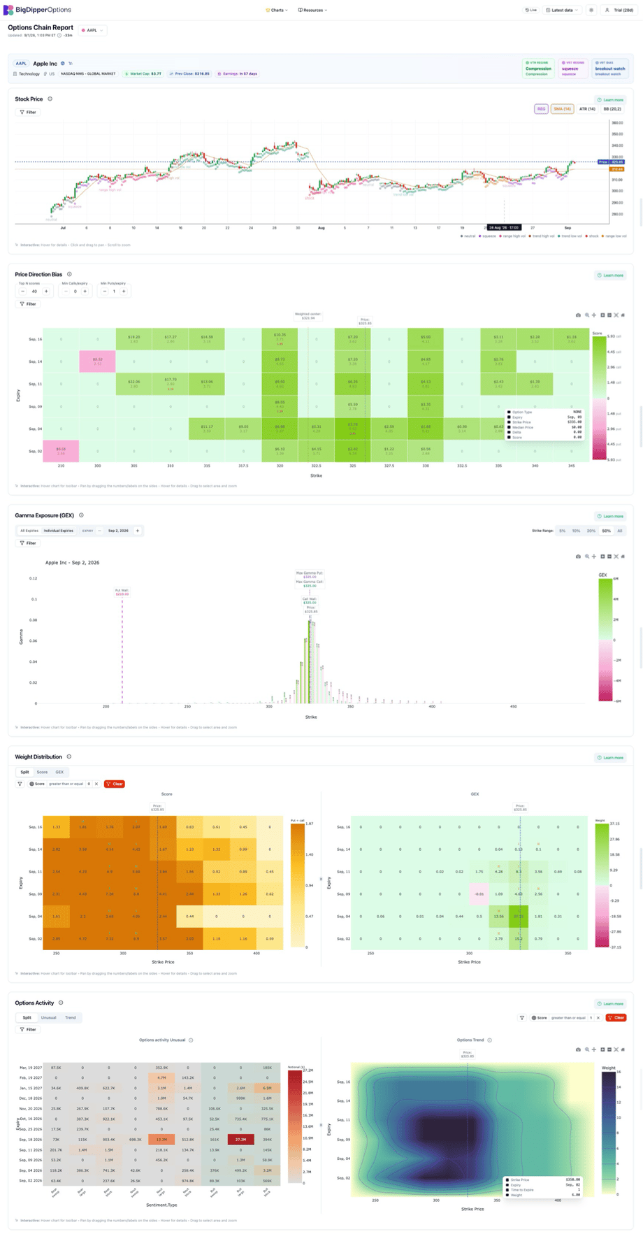 Full Options Chain Report page showing stock price, bias heatmap, GEX, weight distribution, and options activity sections