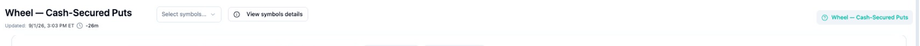 Wheel Cash-Secured Puts header with symbol selector and updated timestamp