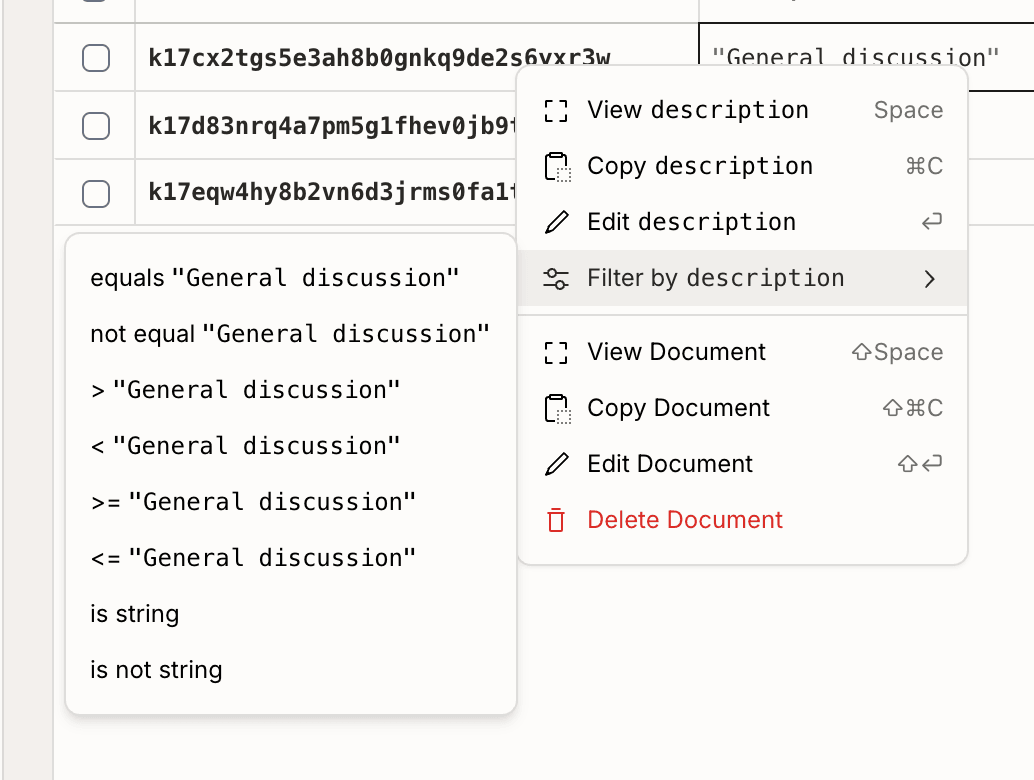 Quick actions context menu