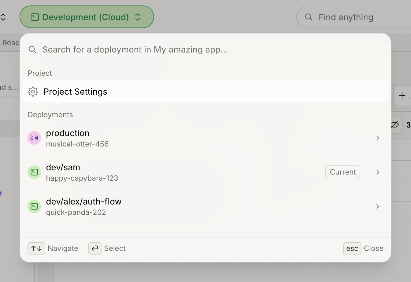 A project with multiple deployments in the console