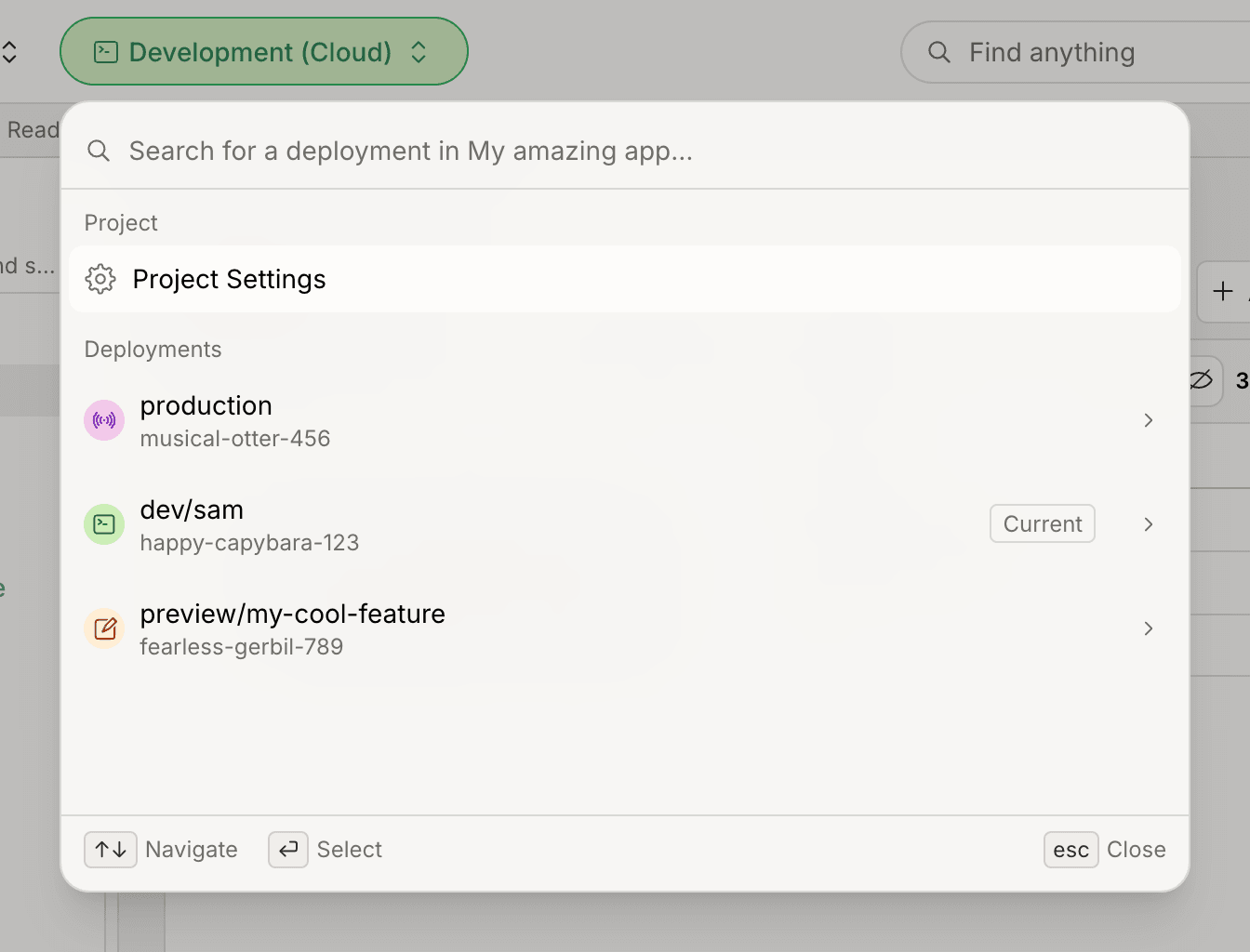 Preview deployment in the deployment switcher