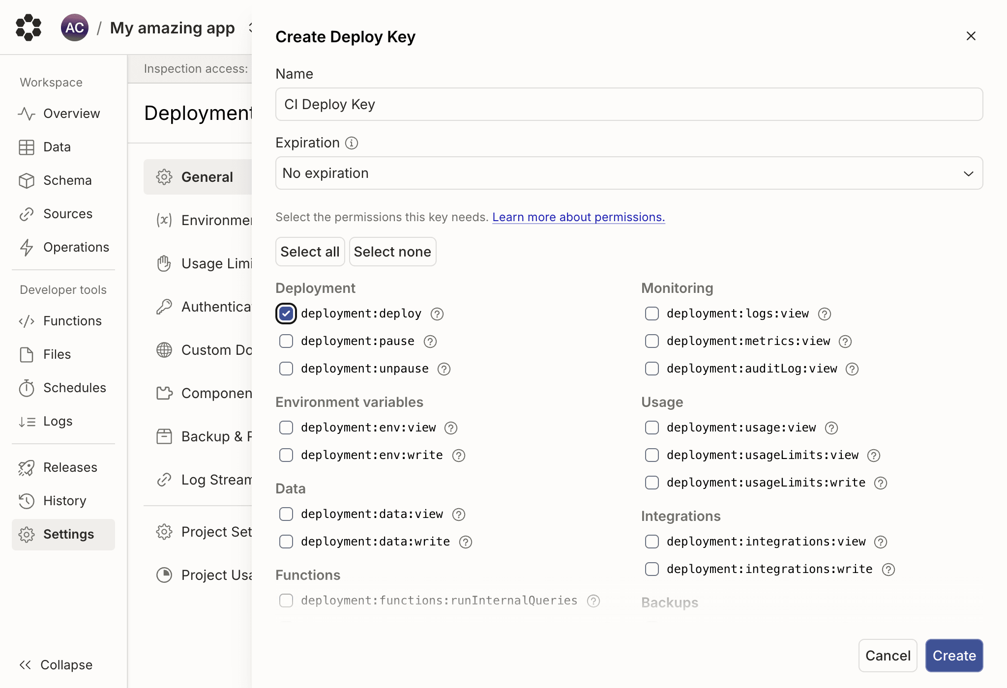 Create Deploy Key panel with the deployment:deploy permission enabled