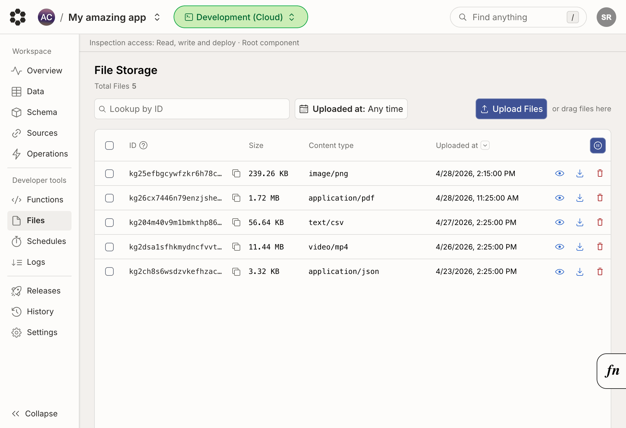 The Files page of the console