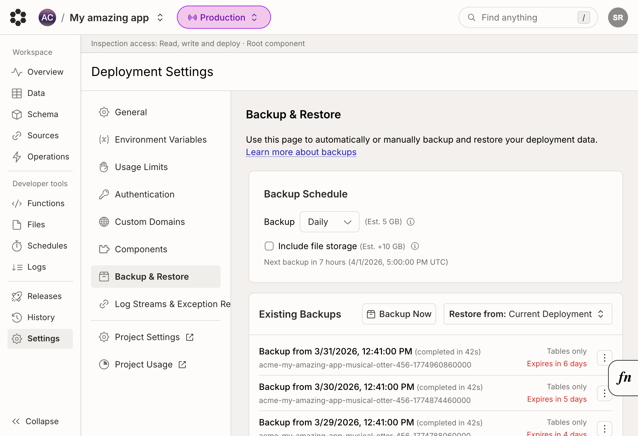 Backups Page