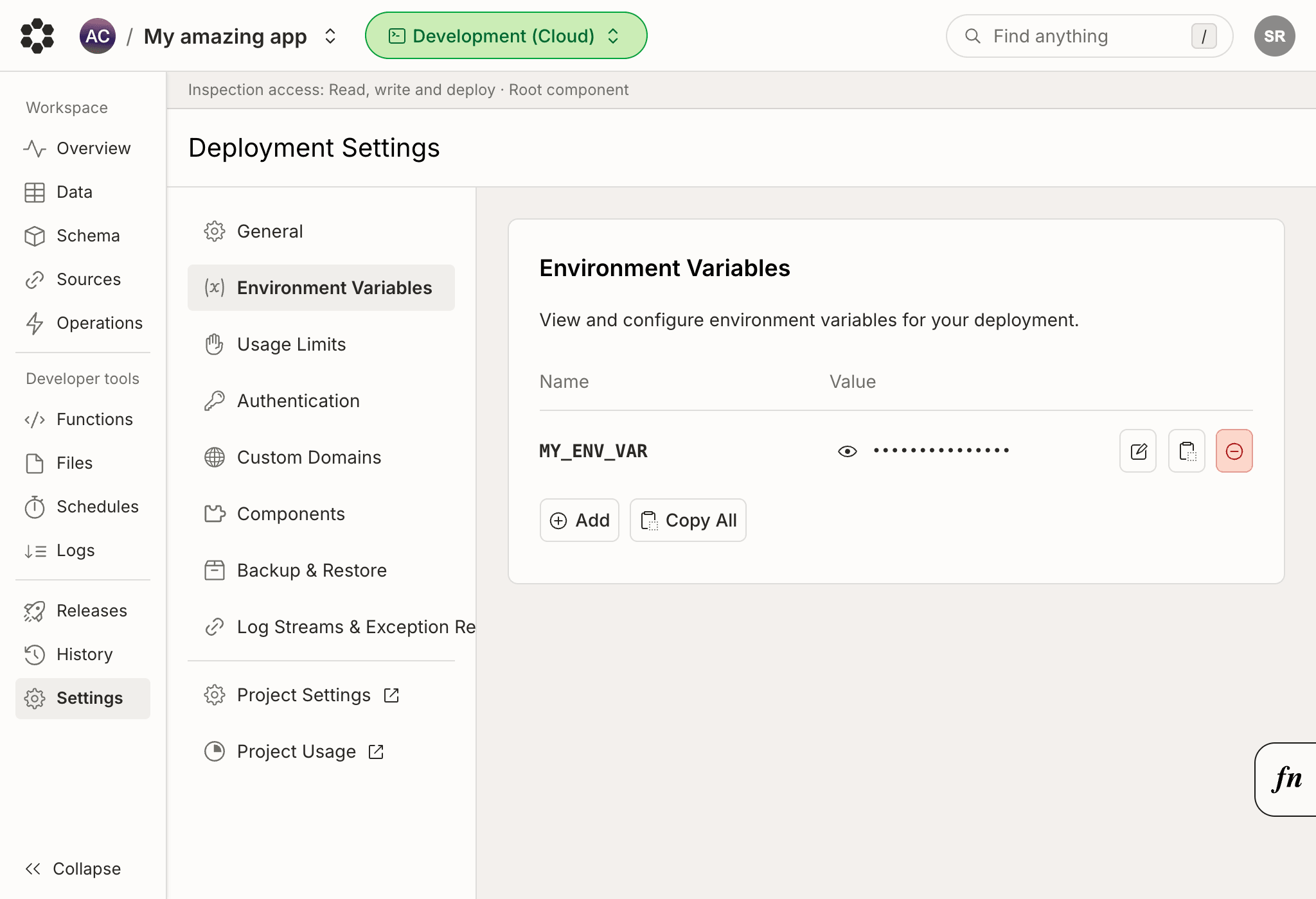 Deployment settings environment variables page