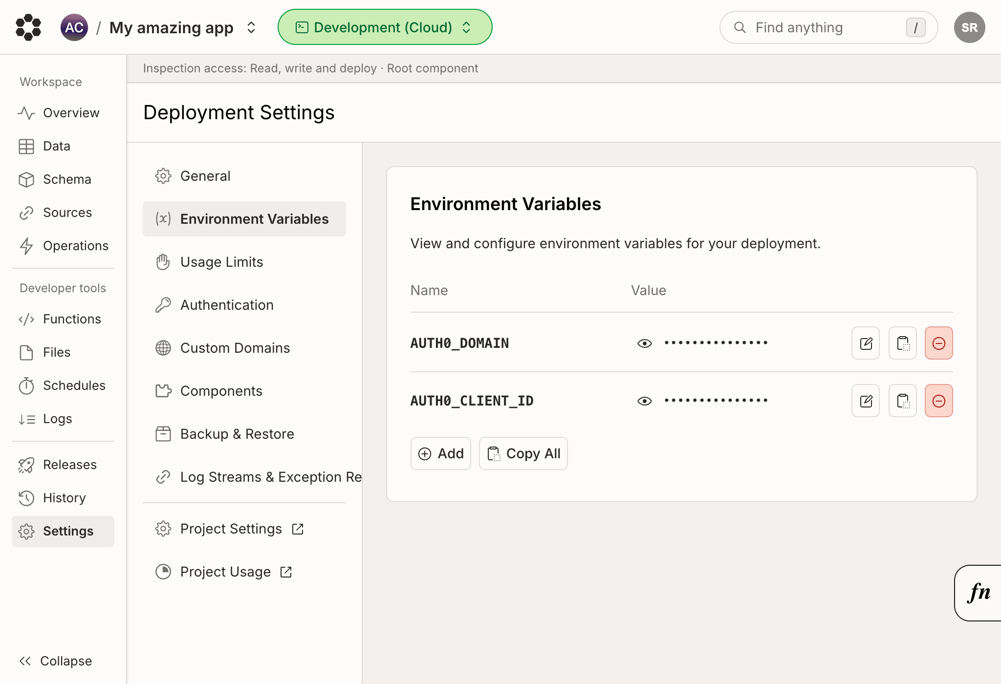 Bijection console dev deployment settings