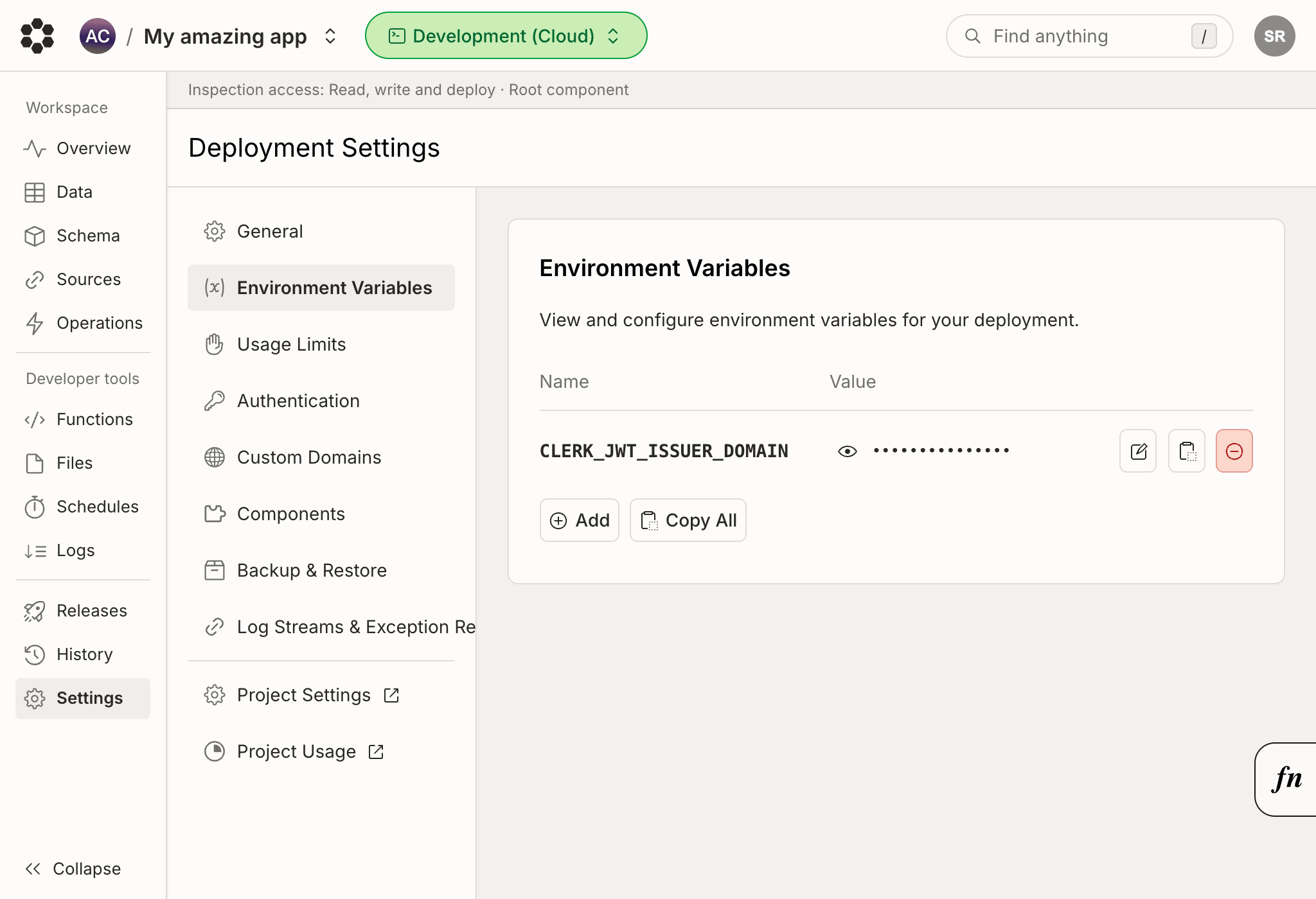 Bijection console dev deployment settings