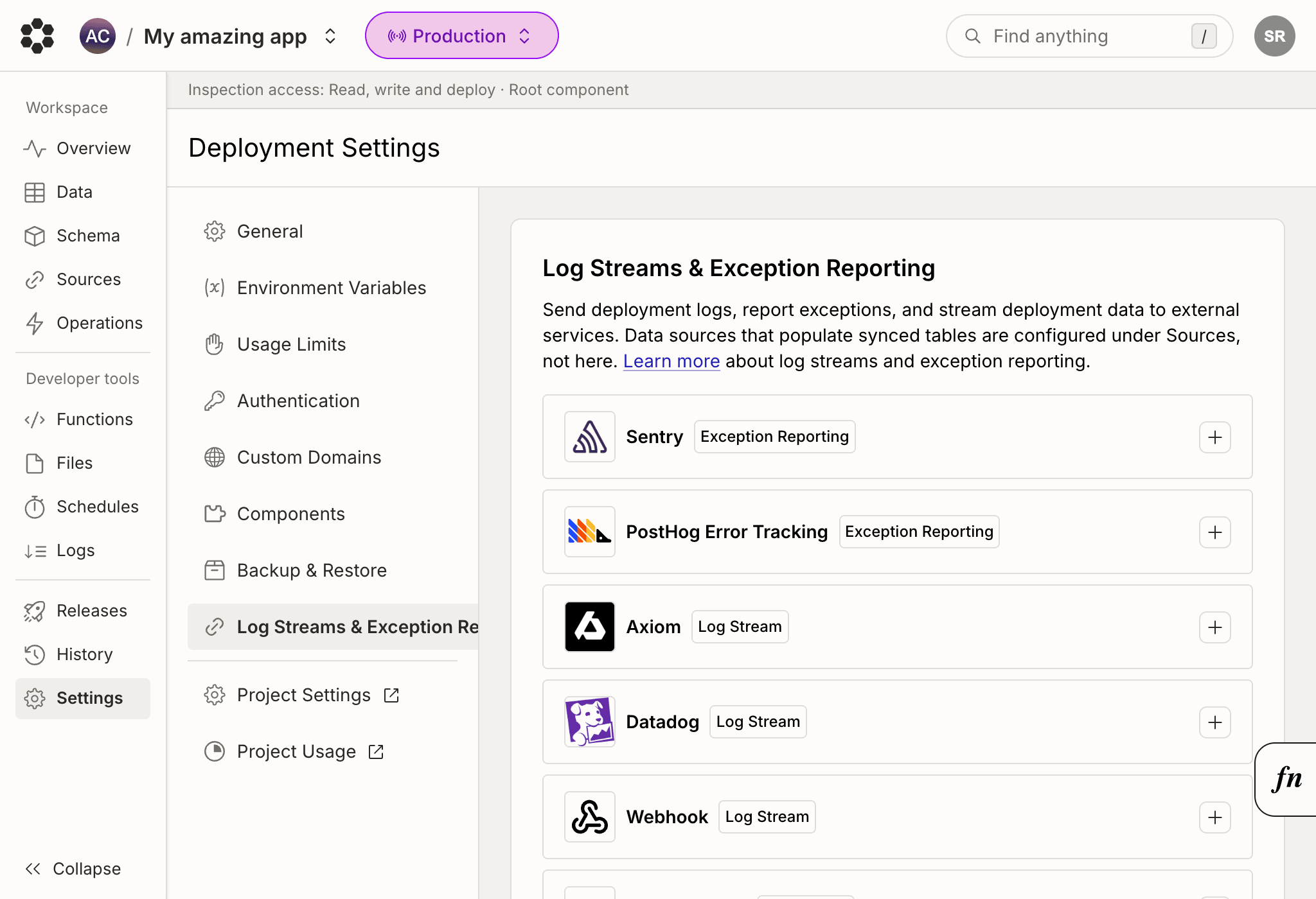 Integrations page