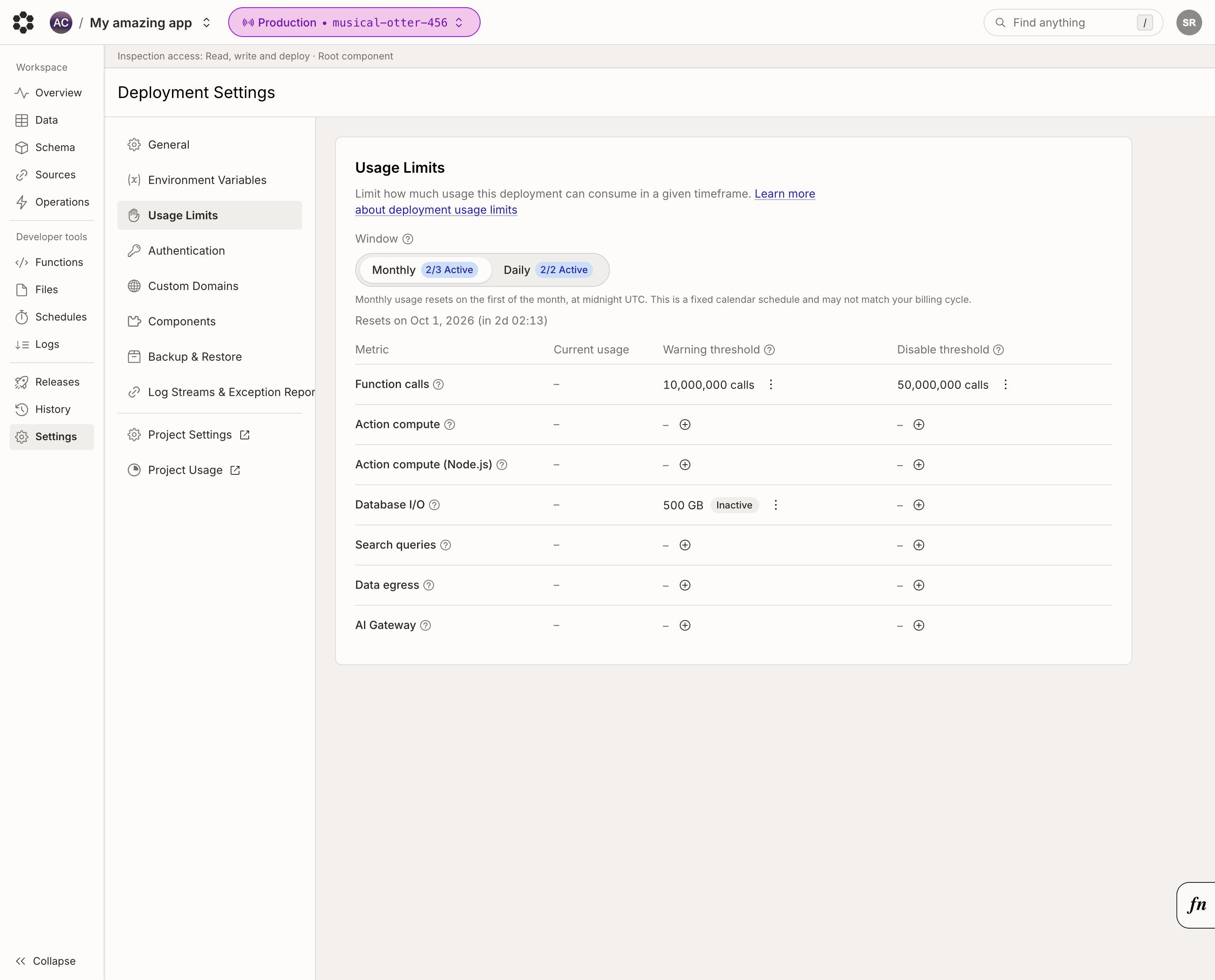 Deployment settings usage limits page